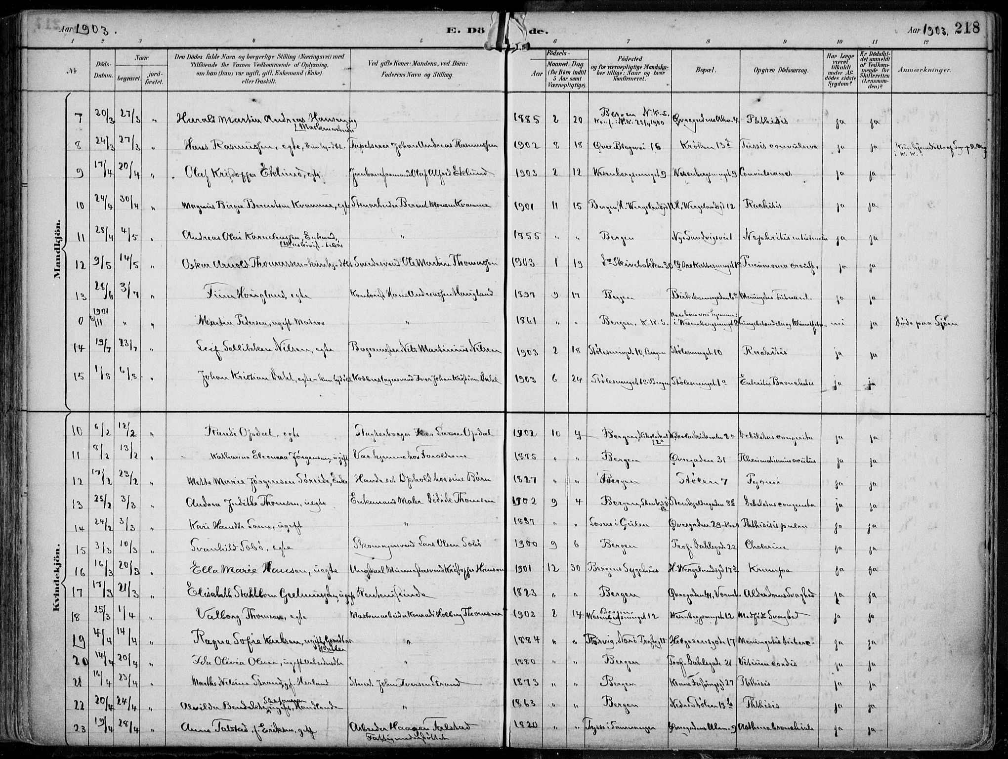 Mariakirken Sokneprestembete, AV/SAB-A-76901/H/Hab/L0005: Parish register (copy) no. A 5, 1893-1913, p. 218