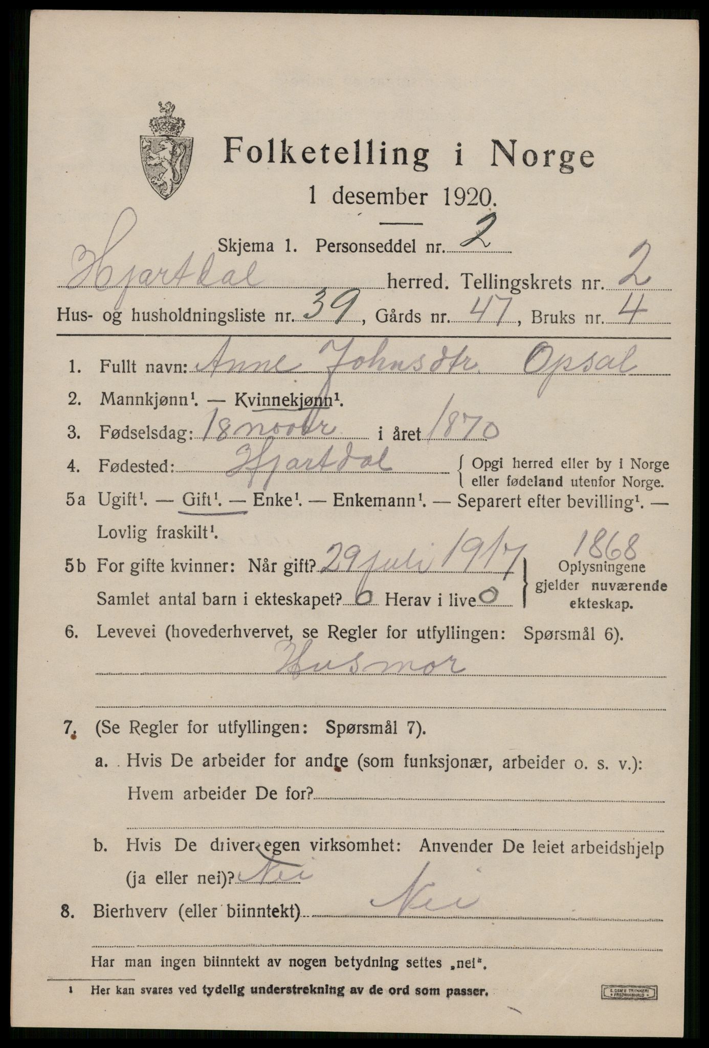 SAKO, 1920 census for Hjartdal, 1920, p. 2234