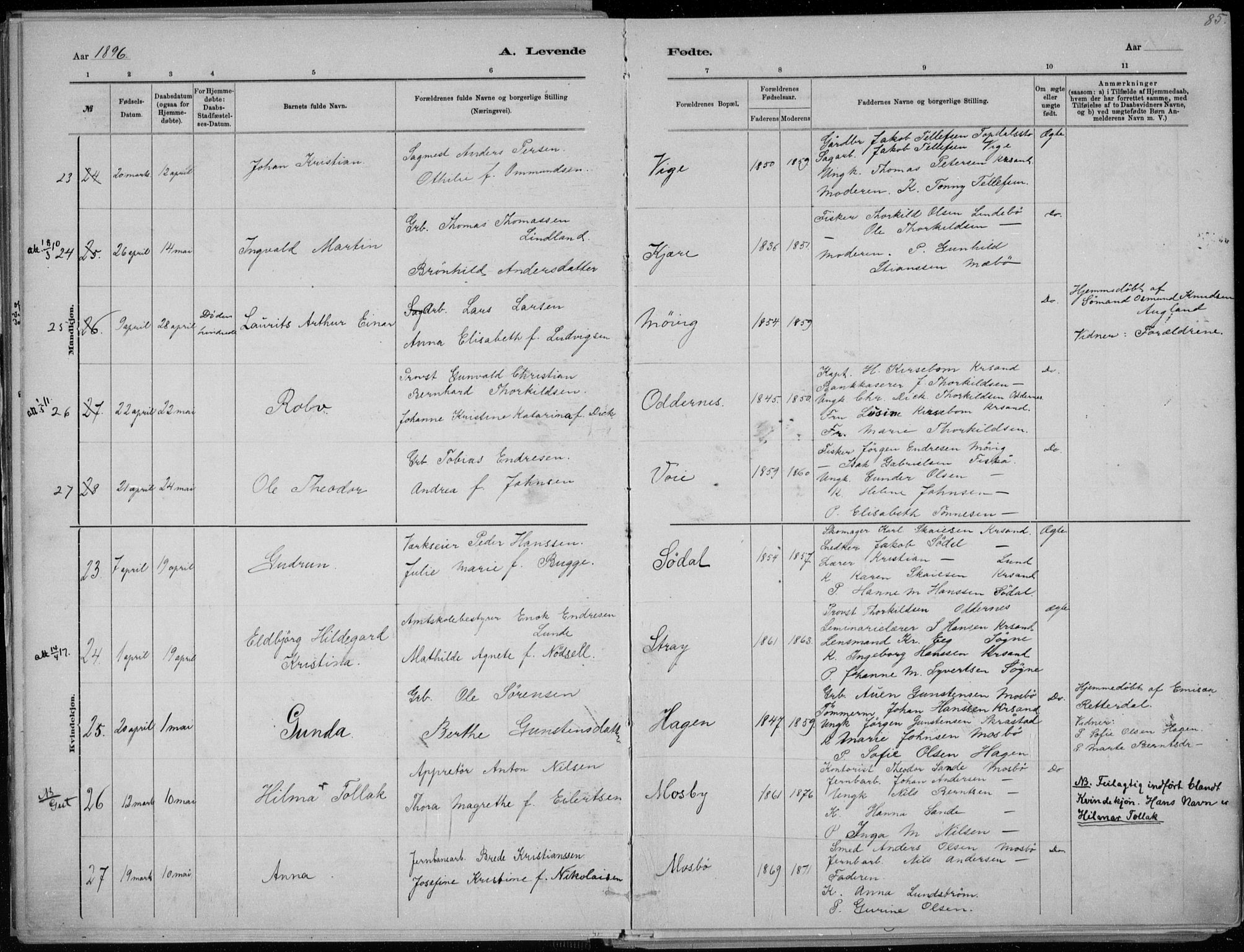 Oddernes sokneprestkontor, AV/SAK-1111-0033/F/Fa/Faa/L0009: Parish register (official) no. A 9, 1884-1896, p. 85