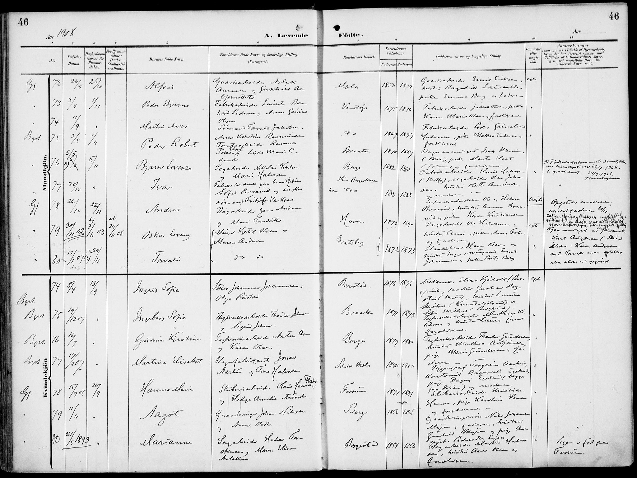 Gjerpen kirkebøker, SAKO/A-265/F/Fa/L0012: Parish register (official) no. I 12, 1905-1913, p. 46