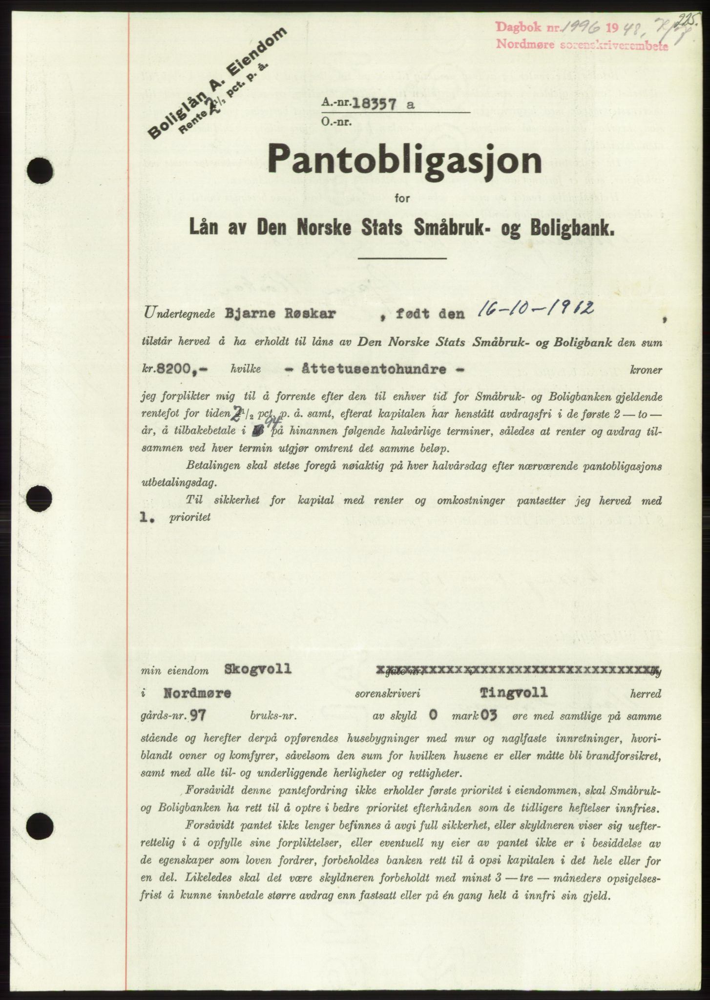 Nordmøre sorenskriveri, AV/SAT-A-4132/1/2/2Ca: Mortgage book no. B99, 1948-1948, Diary no: : 1996/1948