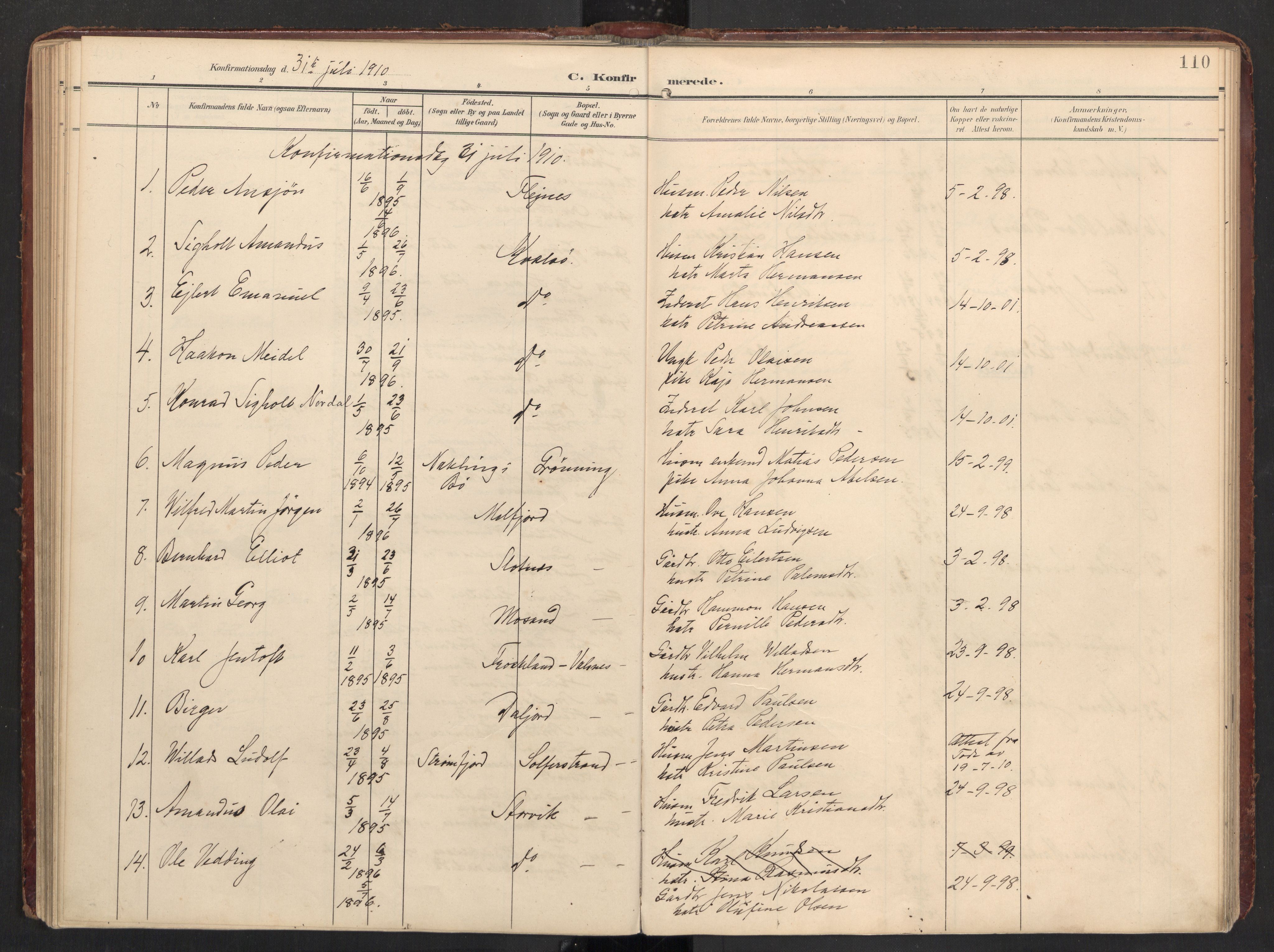 Ministerialprotokoller, klokkerbøker og fødselsregistre - Nordland, AV/SAT-A-1459/890/L1287: Parish register (official) no. 890A02, 1903-1915, p. 110