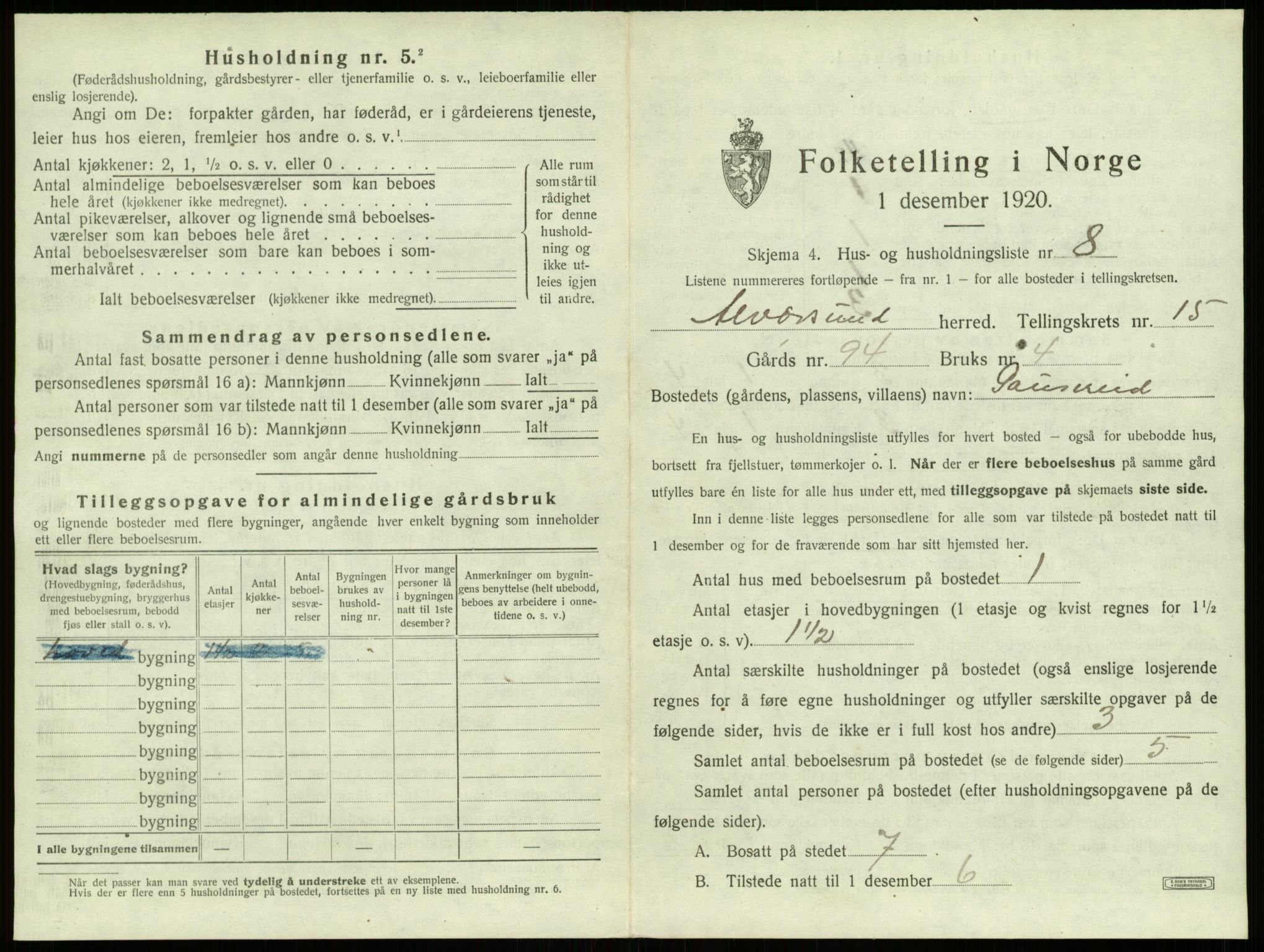SAB, 1920 census for Alversund, 1920, p. 1120
