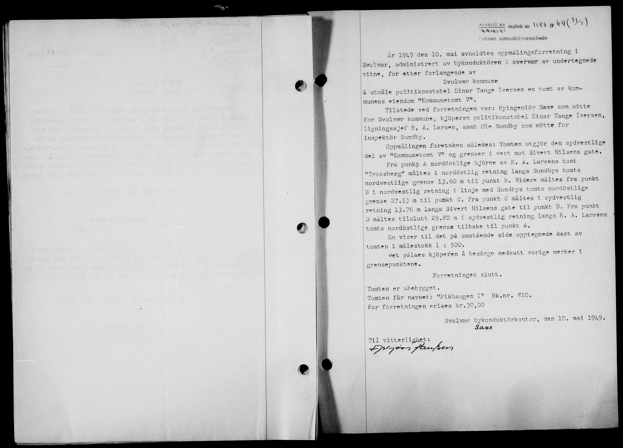 Lofoten sorenskriveri, SAT/A-0017/1/2/2C/L0020a: Mortgage book no. 20a, 1948-1949, Diary no: : 1188/1949