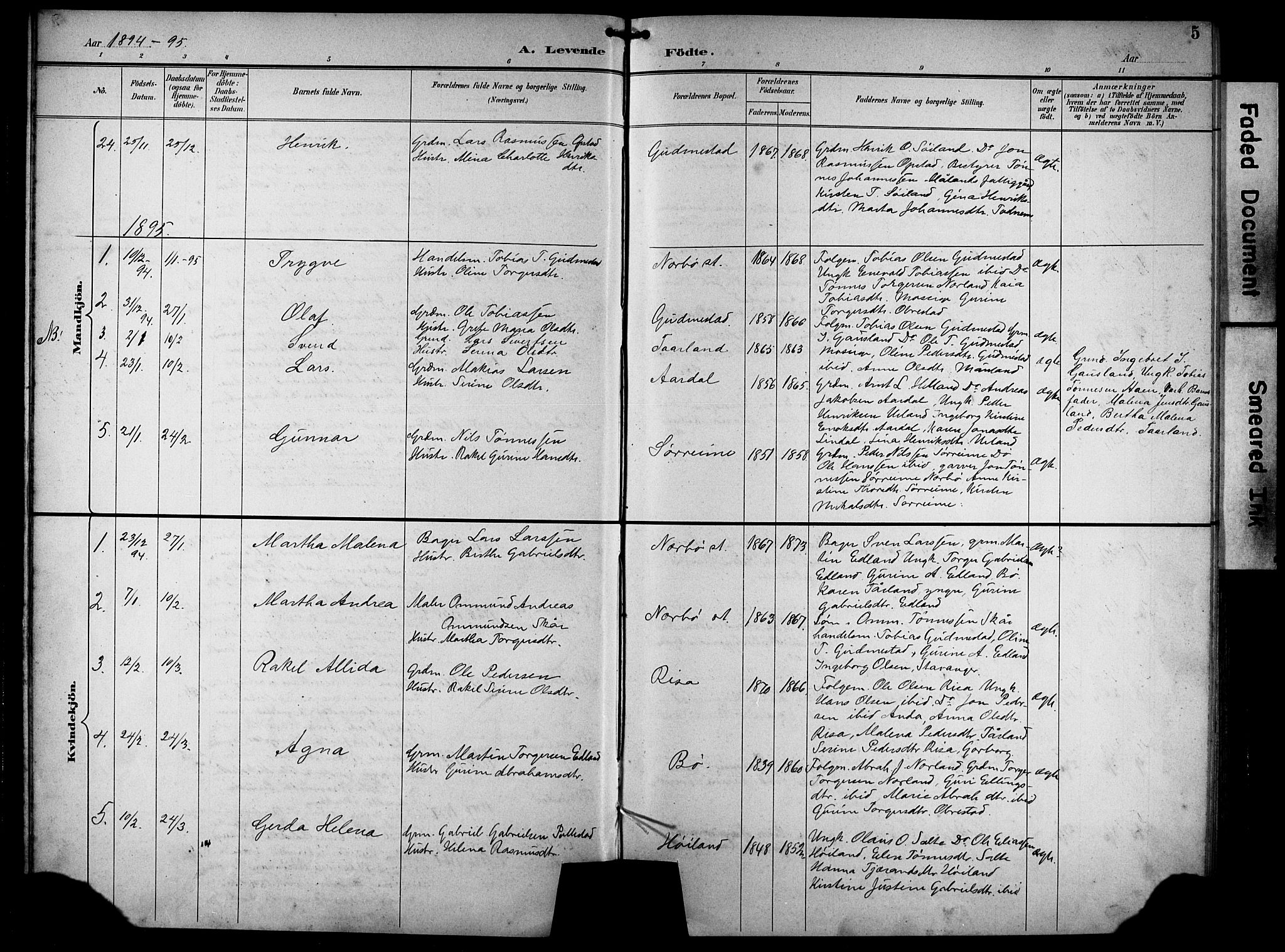 Hå sokneprestkontor, AV/SAST-A-101801/001/30BB/L0005: Parish register (copy) no. B 5, 1894-1912, p. 5