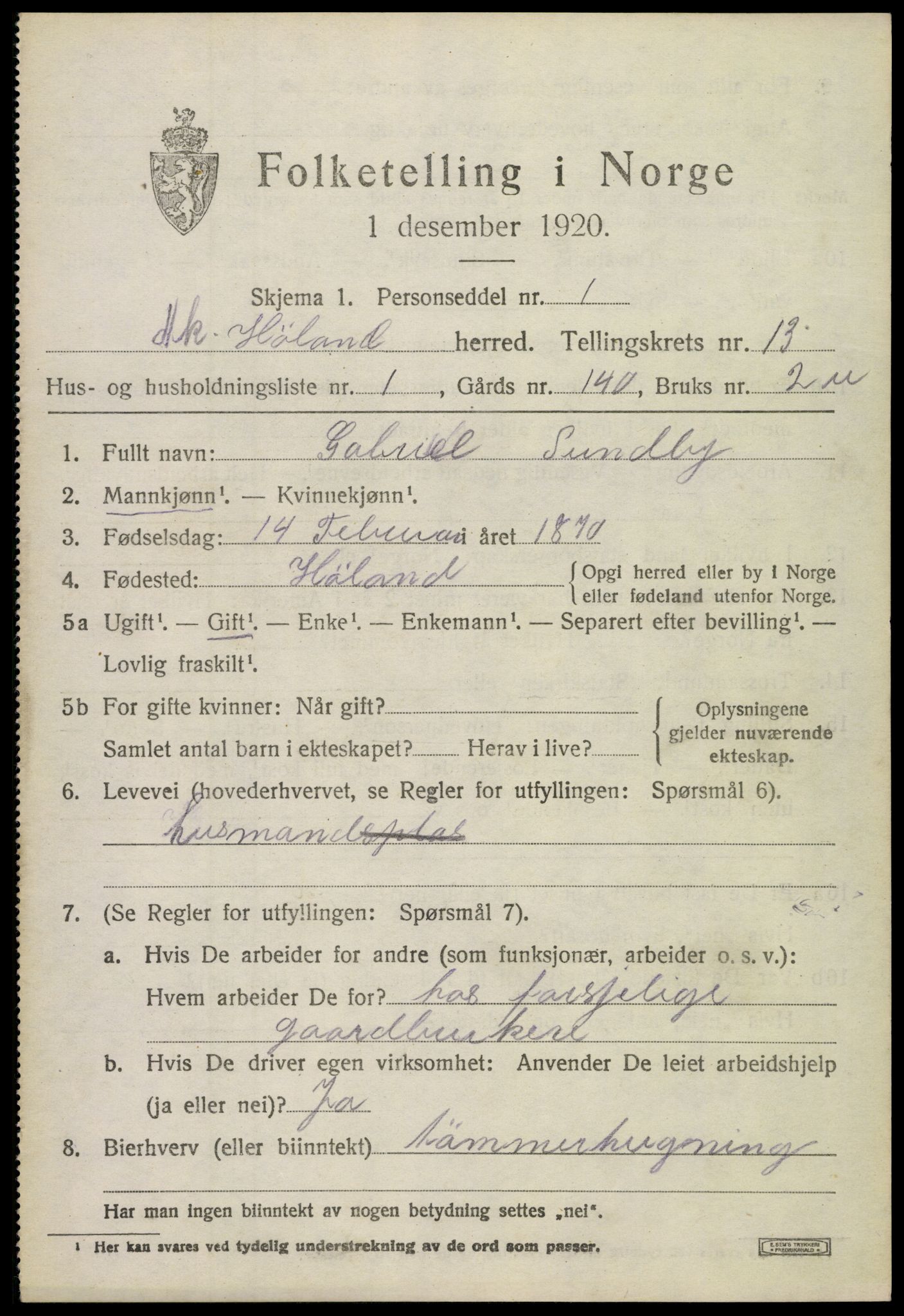 SAO, 1920 census for Høland, 1920, p. 12715