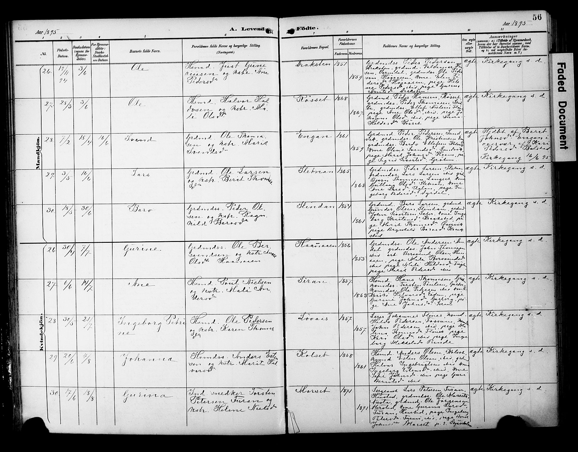 Ministerialprotokoller, klokkerbøker og fødselsregistre - Sør-Trøndelag, AV/SAT-A-1456/695/L1149: Parish register (official) no. 695A09, 1891-1902, p. 56