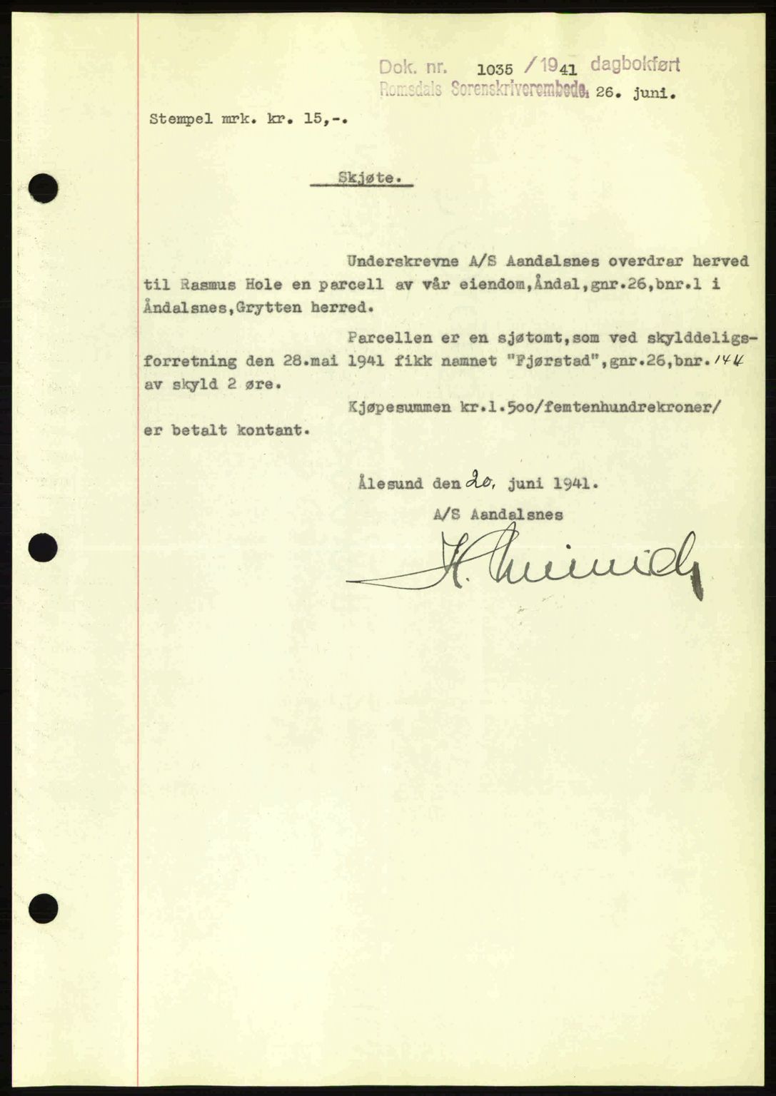 Romsdal sorenskriveri, AV/SAT-A-4149/1/2/2C: Mortgage book no. A10, 1941-1941, Diary no: : 1035/1941