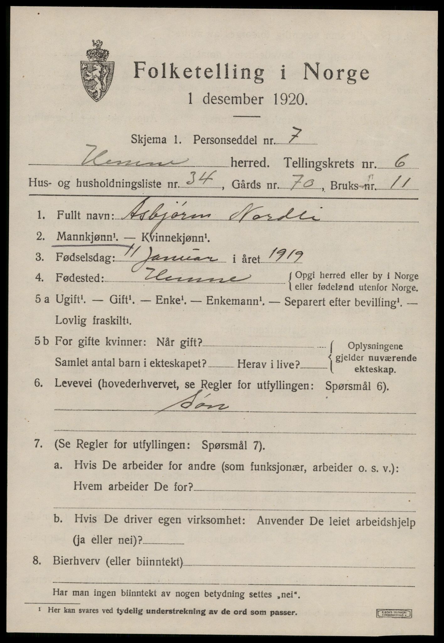 SAT, 1920 census for Hemne, 1920, p. 3990