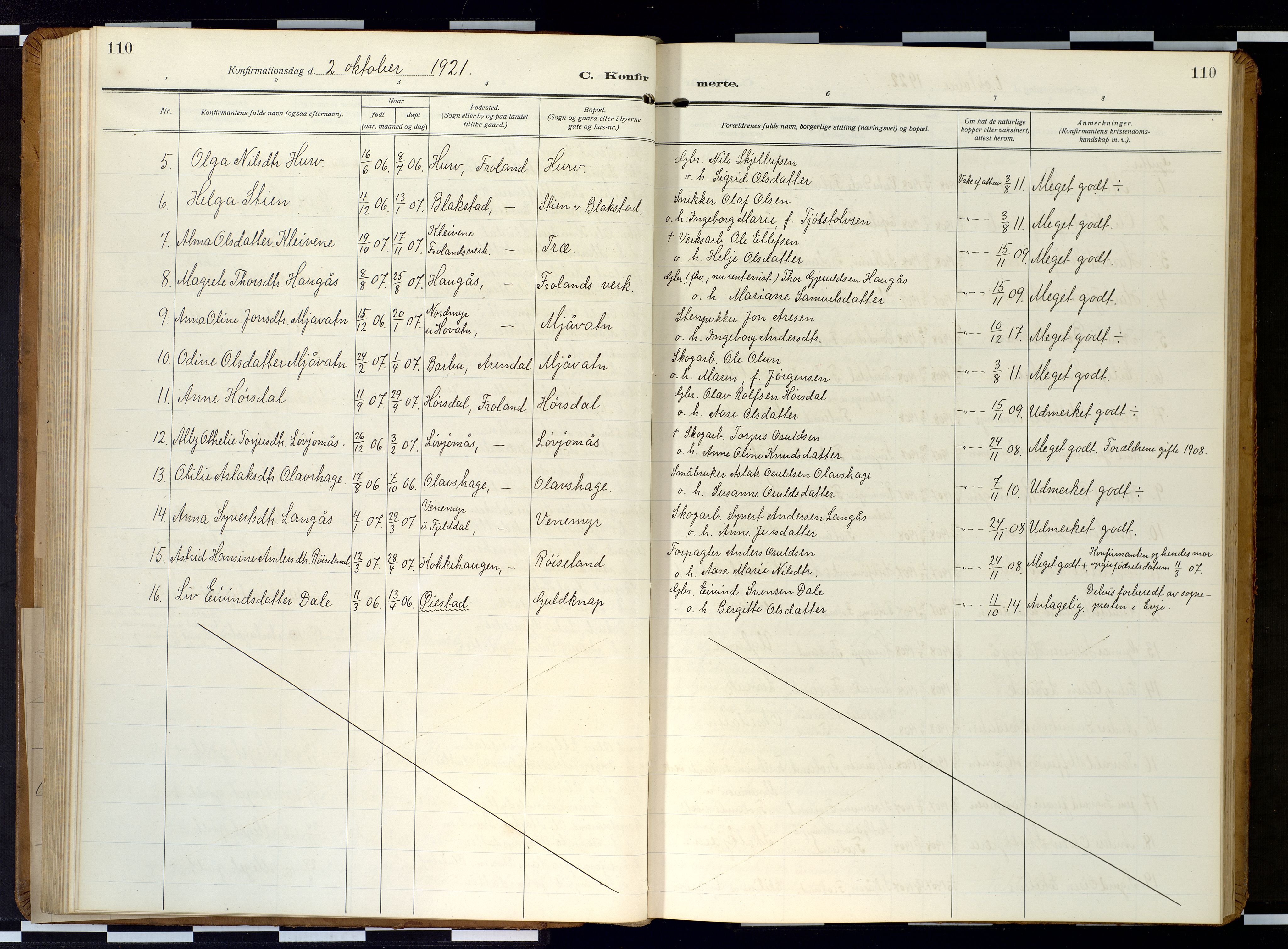Froland sokneprestkontor, SAK/1111-0013/F/Fb/L0011: Parish register (copy) no. B 11, 1921-1947, p. 110