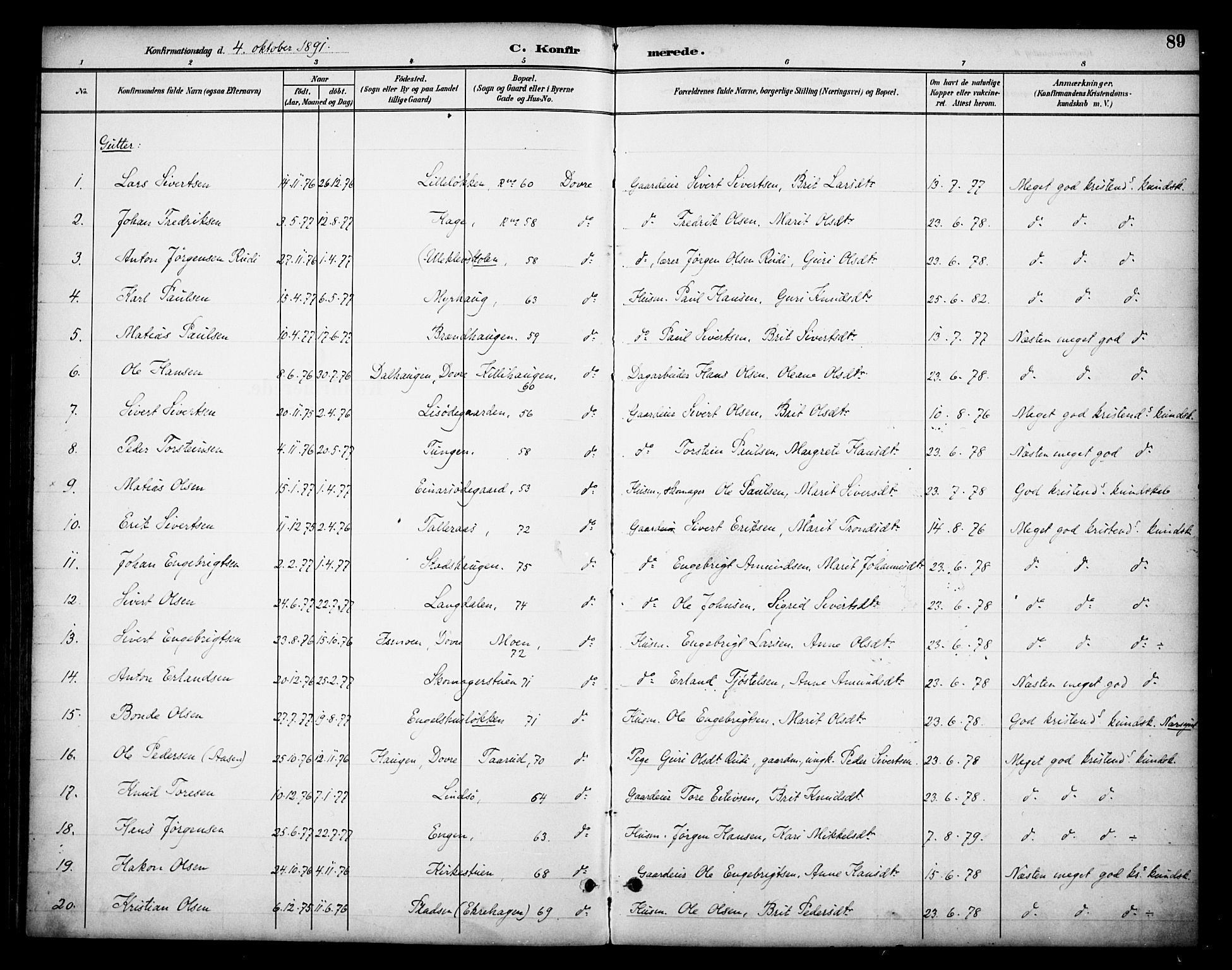 Dovre prestekontor, SAH/PREST-066/H/Ha/Haa/L0003: Parish register (official) no. 3, 1891-1901, p. 89