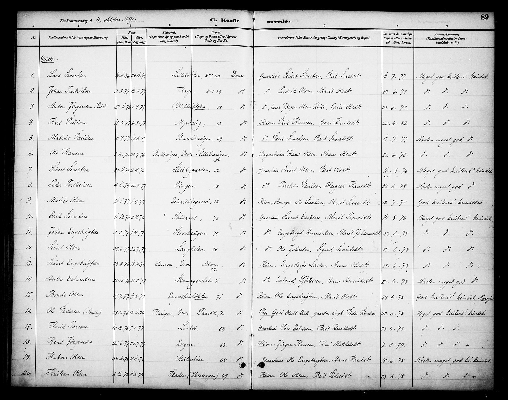 Dovre prestekontor, AV/SAH-PREST-066/H/Ha/Haa/L0003: Parish register (official) no. 3, 1891-1901, p. 89