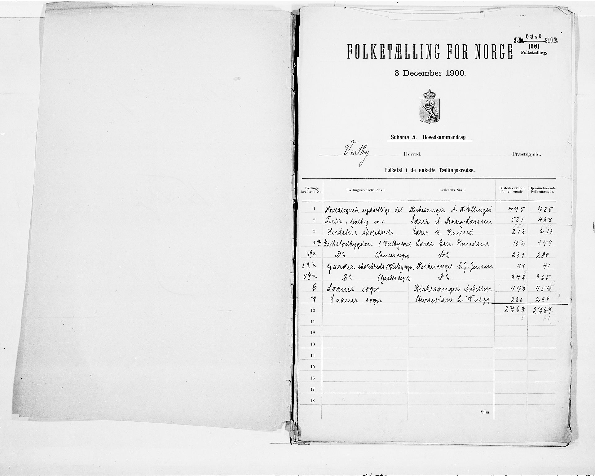 SAO, 1900 census for Vestby, 1900, p. 2