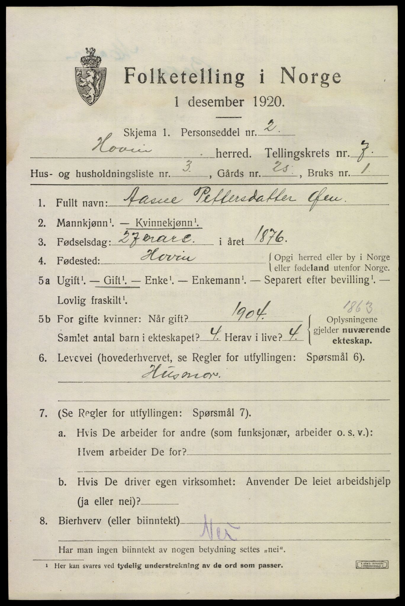 SAKO, 1920 census for Hovin, 1920, p. 1719