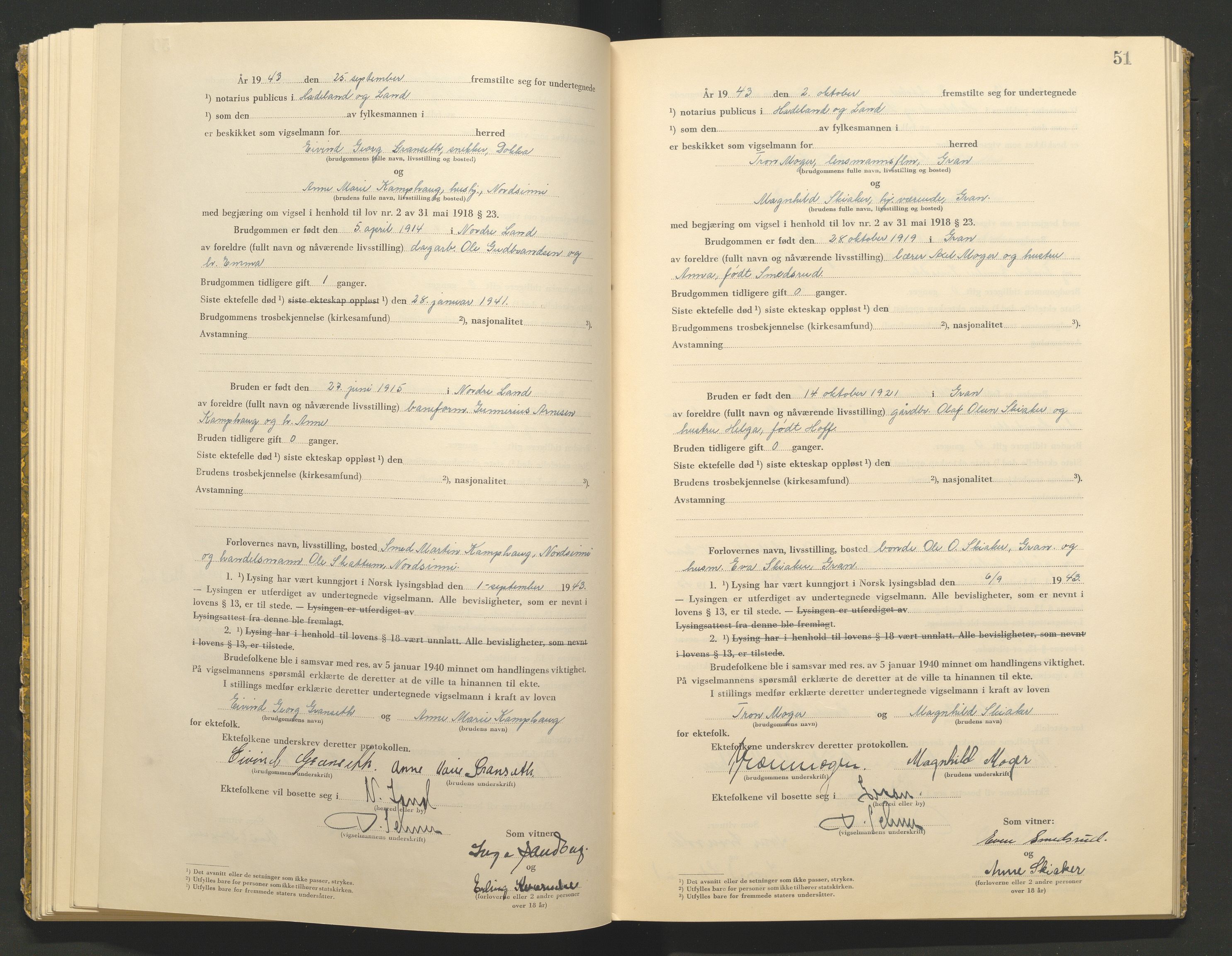 Hadeland og Land tingrett, AV/SAH-TING-010/L/Lb/L0002: Vigselbok, 1943-1944, p. 51