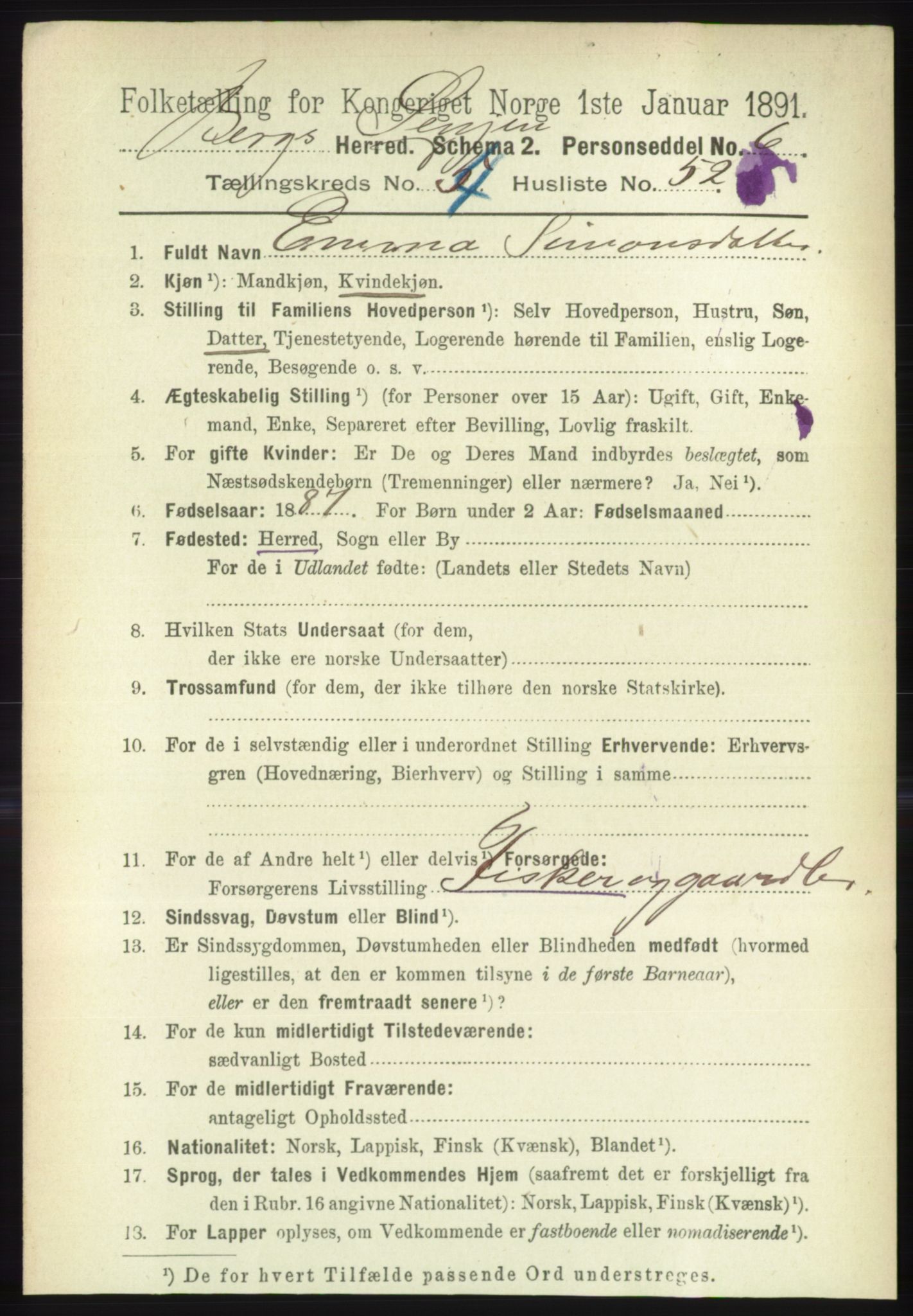 RA, 1891 census for 1929 Berg, 1891, p. 2022