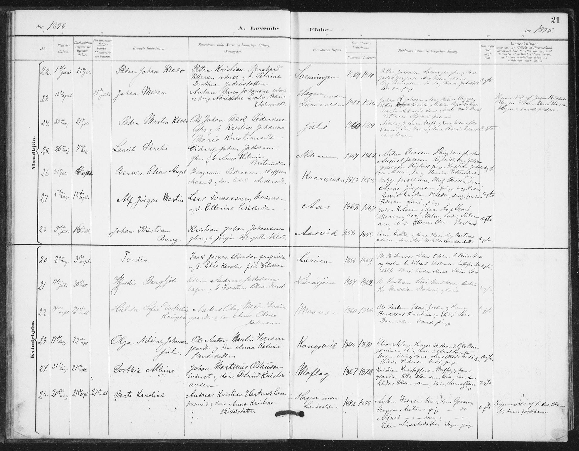 Ministerialprotokoller, klokkerbøker og fødselsregistre - Nordland, AV/SAT-A-1459/839/L0573: Parish register (copy) no. 839C03, 1892-1917, p. 21