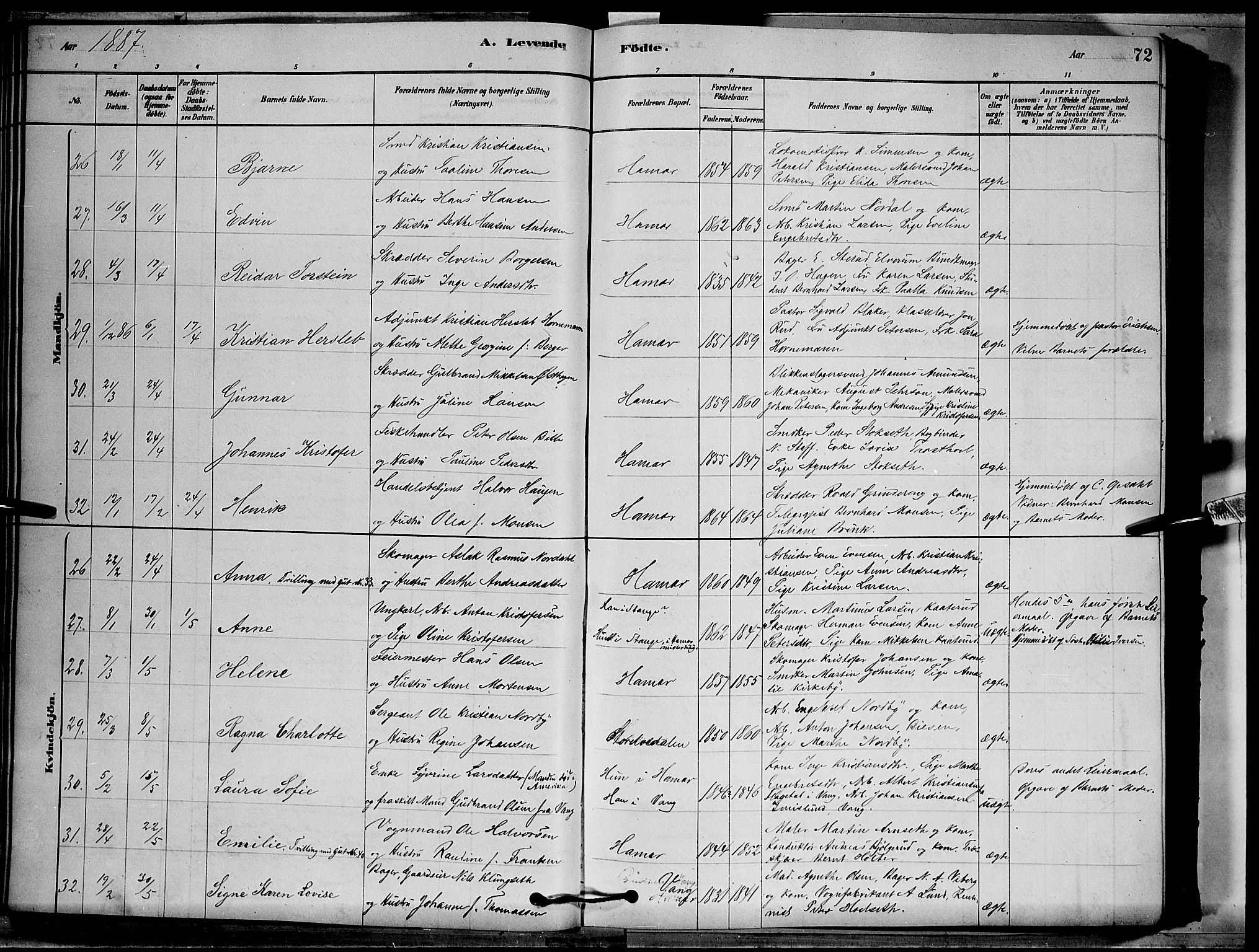 Vang prestekontor, Hedmark, AV/SAH-PREST-008/H/Ha/Hab/L0012: Parish register (copy) no. 12, 1878-1889, p. 72