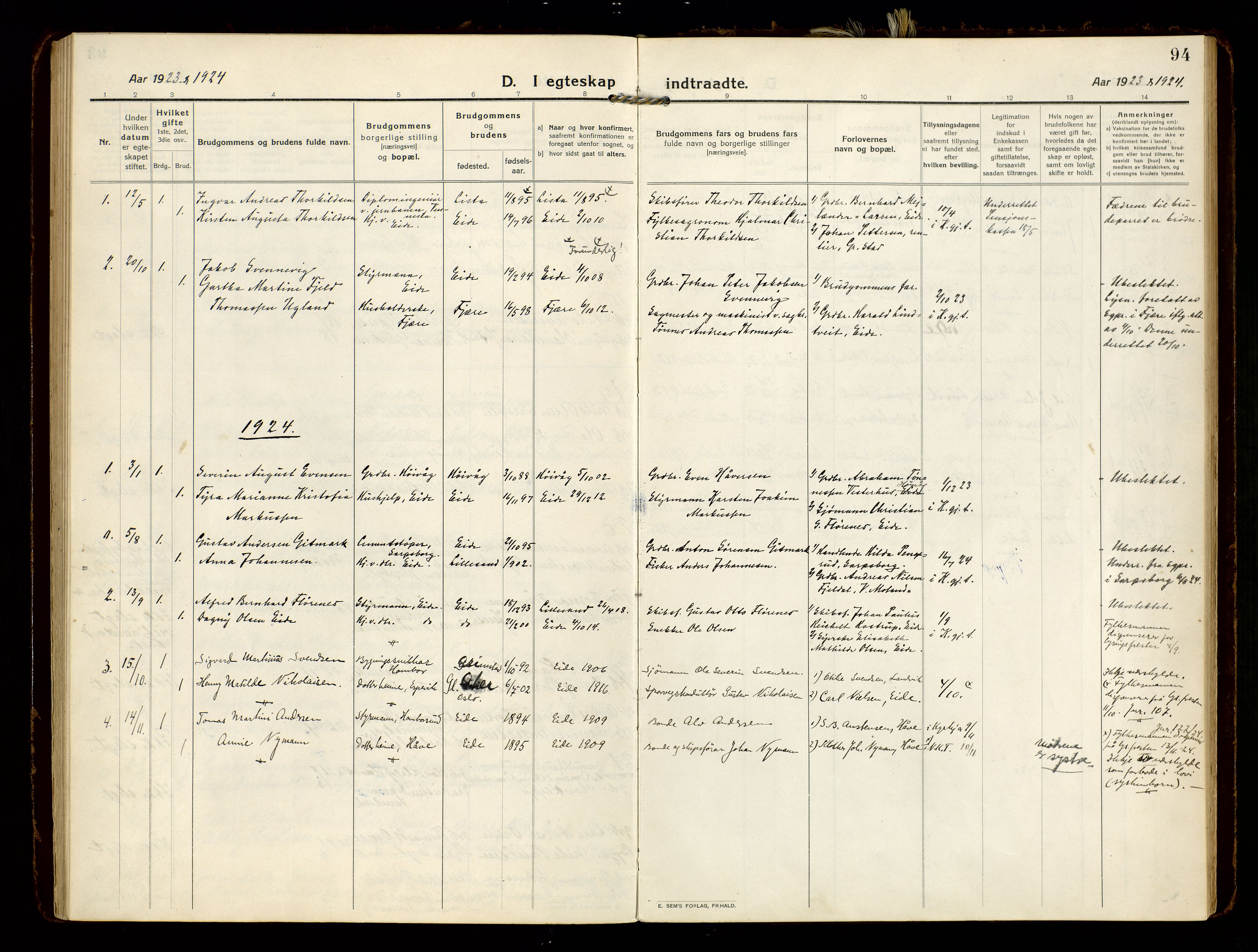 Hommedal sokneprestkontor, AV/SAK-1111-0023/F/Fa/Faa/L0004: Parish register (official) no. A 4, 1916-1945, p. 94