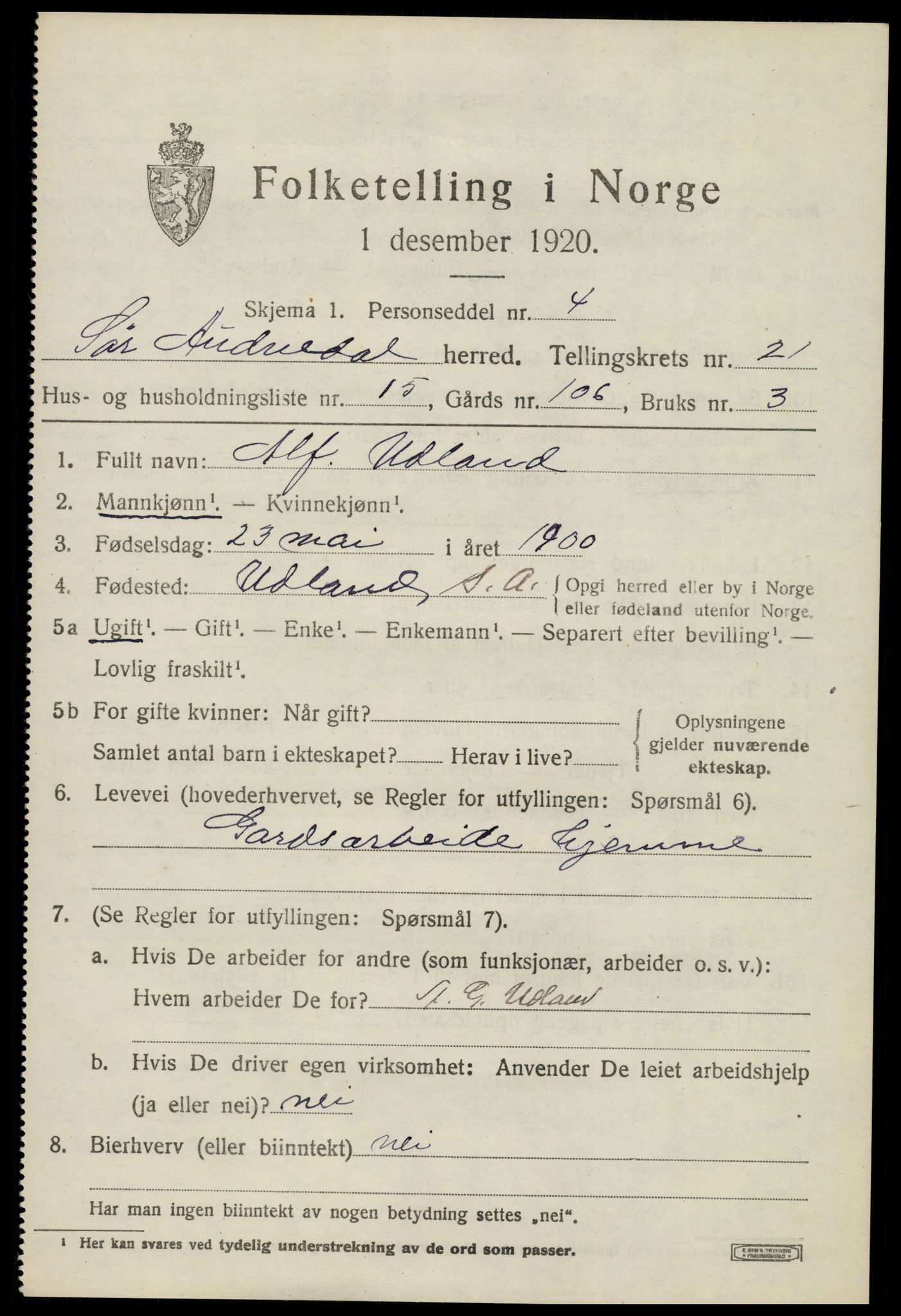 SAK, 1920 census for Sør-Audnedal, 1920, p. 7027