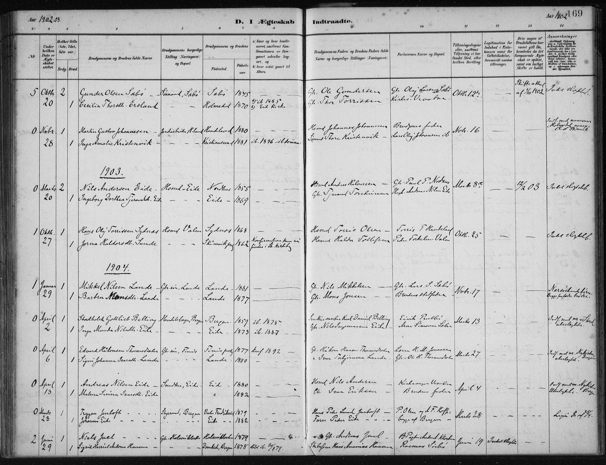 Fjelberg sokneprestembete, SAB/A-75201/H/Haa: Parish register (official) no. C  1, 1879-1918, p. 169