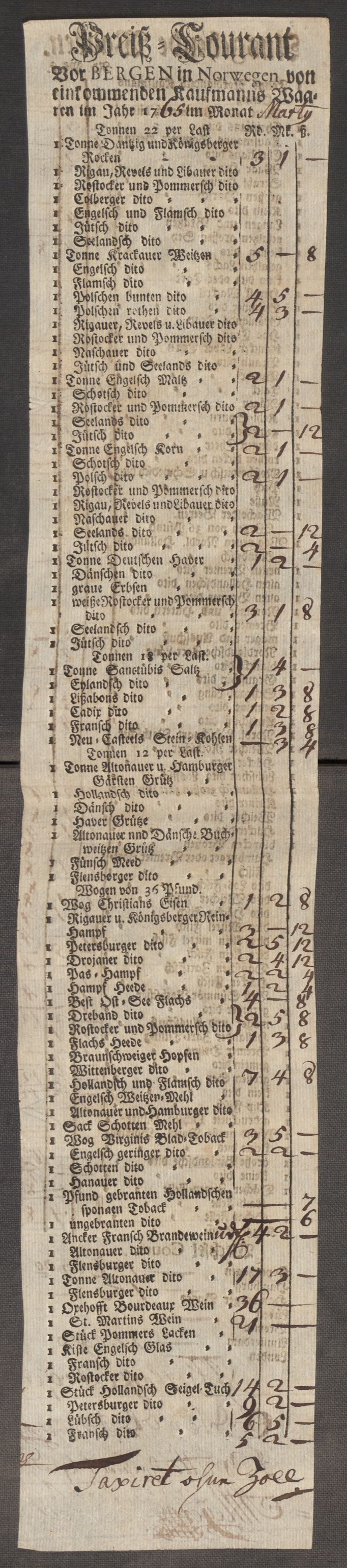 Rentekammeret inntil 1814, Realistisk ordnet avdeling, AV/RA-EA-4070/Oe/L0009: [Ø1]: Nordafjelske priskuranter, 1759-1768, p. 279