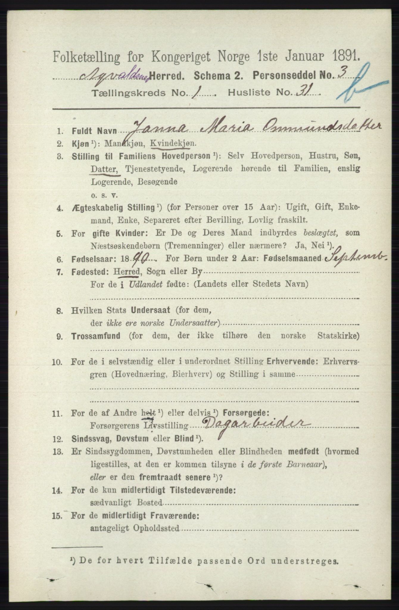 RA, 1891 census for 1147 Avaldsnes, 1891, p. 1402