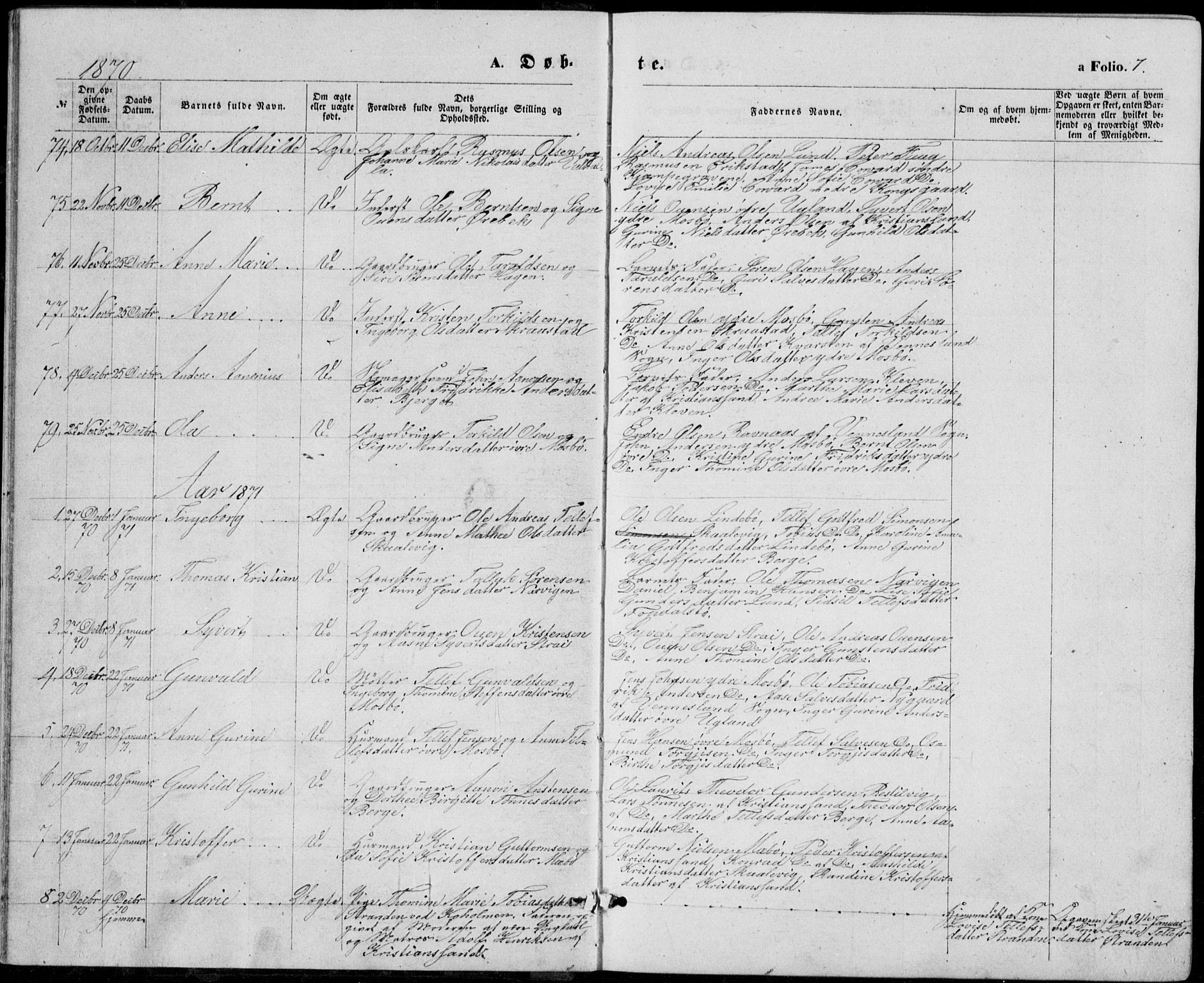 Oddernes sokneprestkontor, AV/SAK-1111-0033/F/Fb/Fba/L0007: Parish register (copy) no. B 7, 1869-1887, p. 7