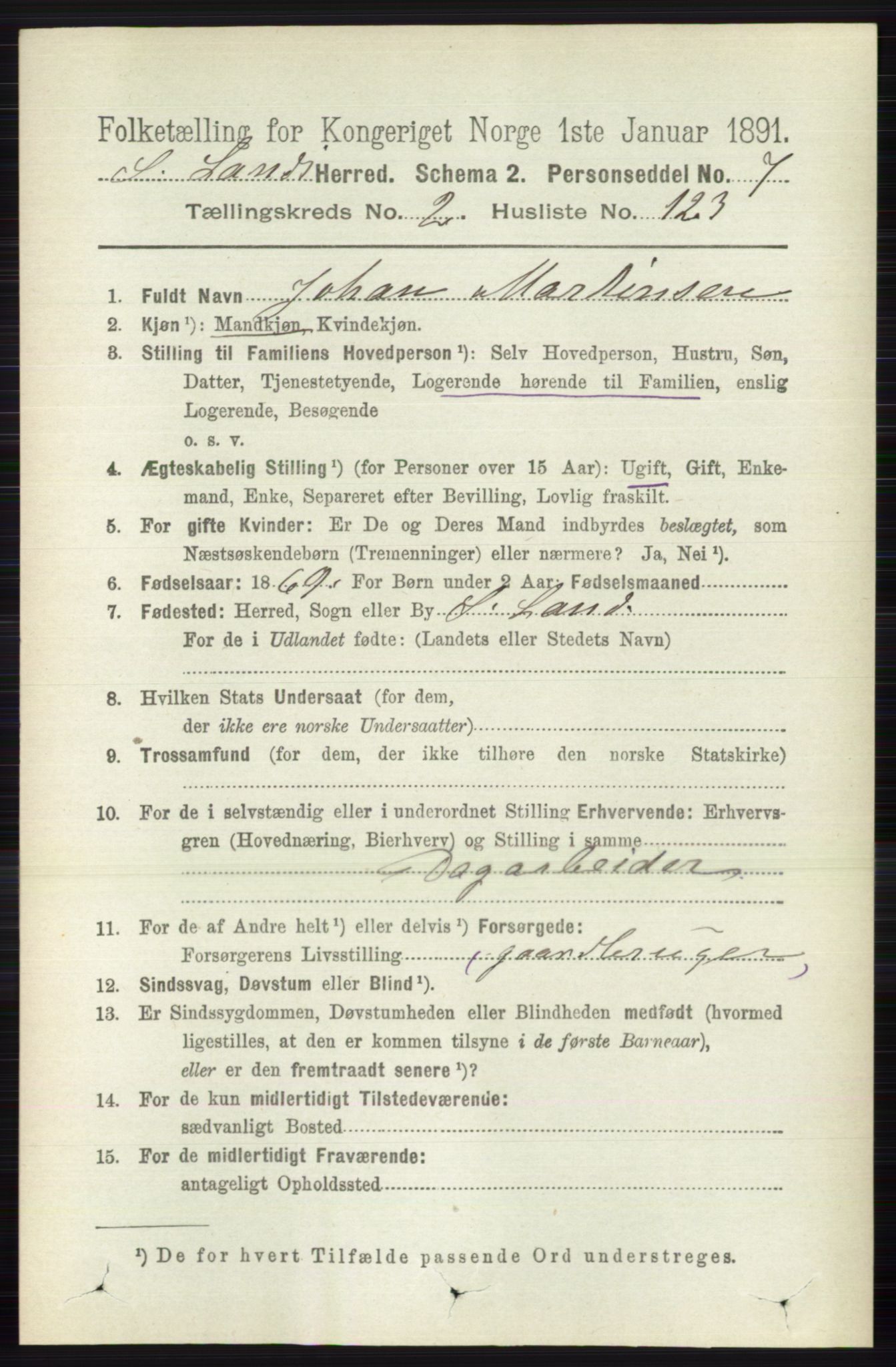 RA, 1891 census for 0536 Søndre Land, 1891, p. 1788