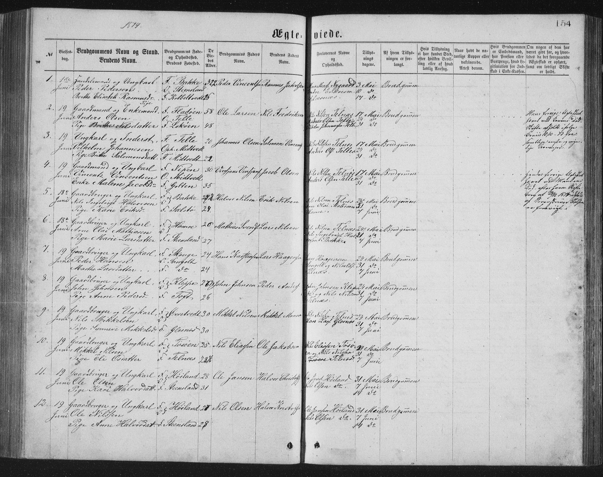 Sund sokneprestembete, SAB/A-99930: Parish register (copy) no. B 2, 1874-1881, p. 154