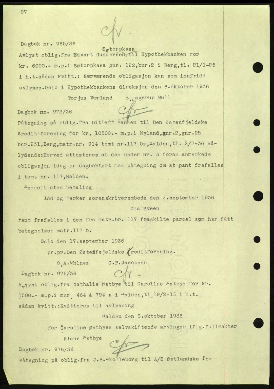 Idd og Marker sorenskriveri, AV/SAO-A-10283/G/Gb/Gbc/L0001: Mortgage book no. B1-3, 1936-1939, Diary no: : 965/1936