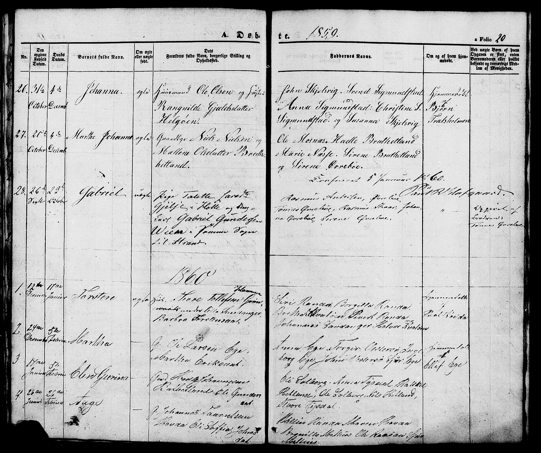 Hjelmeland sokneprestkontor, SAST/A-101843/01/V/L0005: Parish register (copy) no. B 5, 1853-1892, p. 20