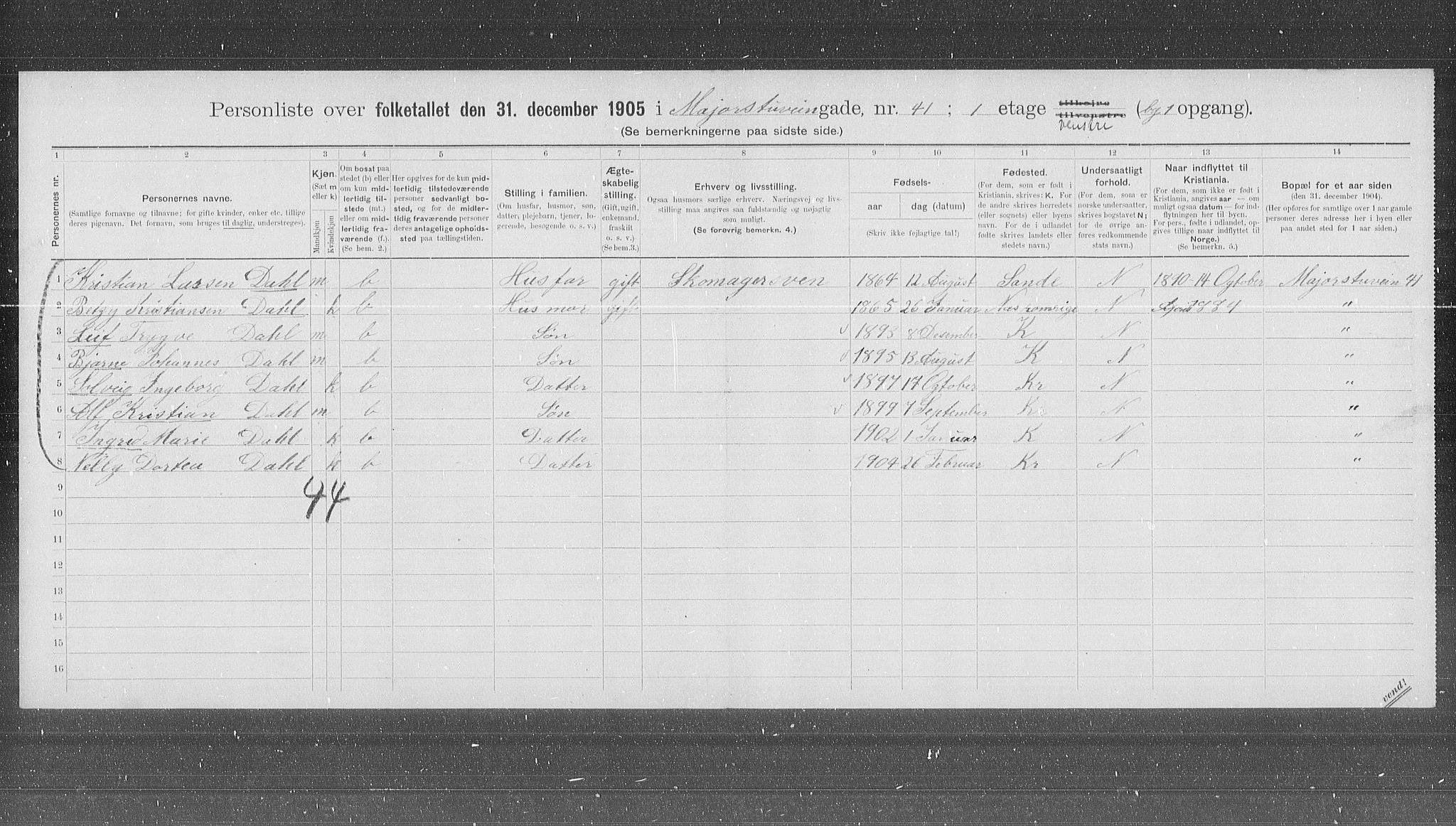 OBA, Municipal Census 1905 for Kristiania, 1905, p. 31485