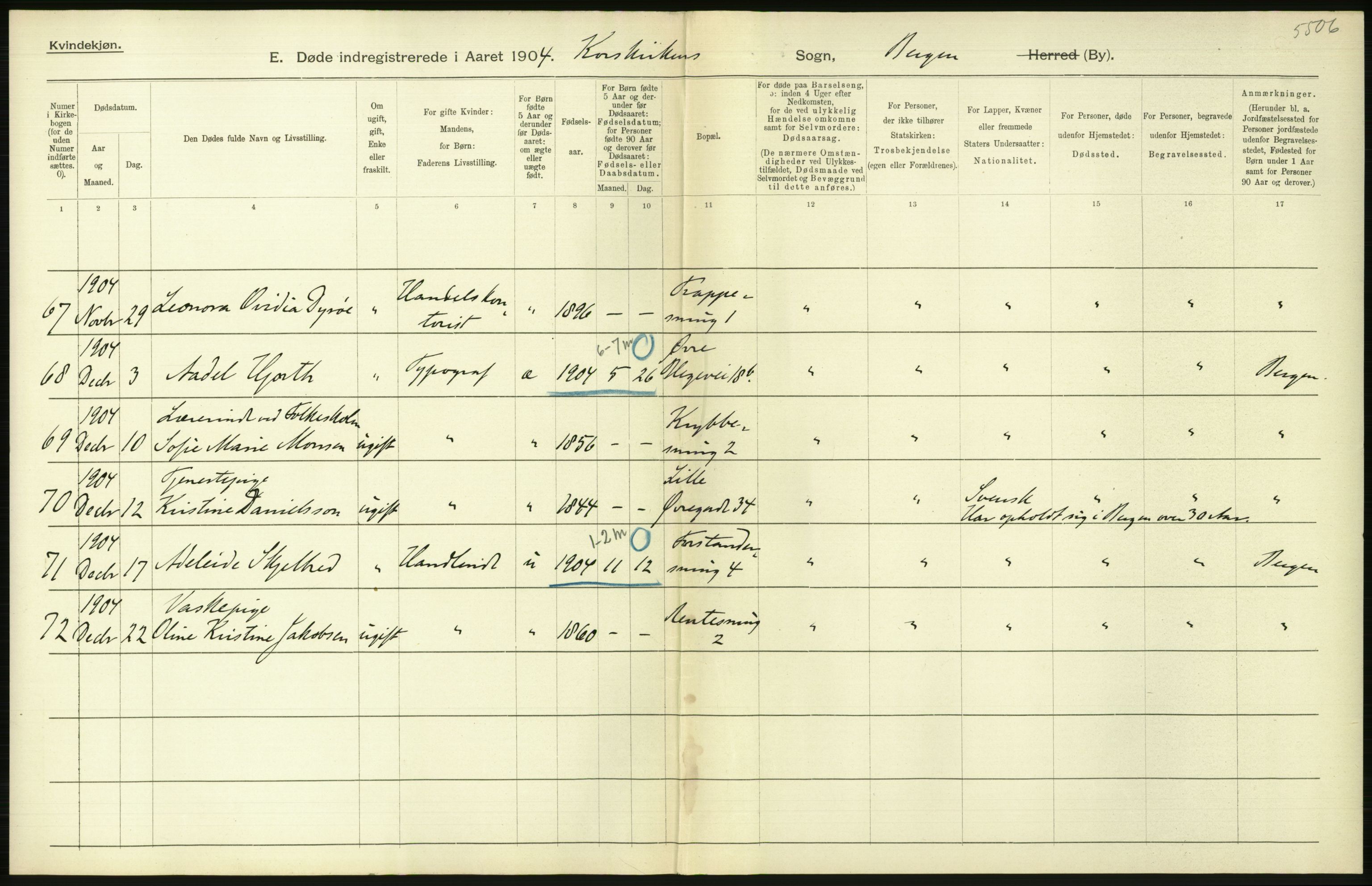 Statistisk sentralbyrå, Sosiodemografiske emner, Befolkning, AV/RA-S-2228/D/Df/Dfa/Dfab/L0014: Bergen: Fødte, gifte, døde, 1904, p. 358