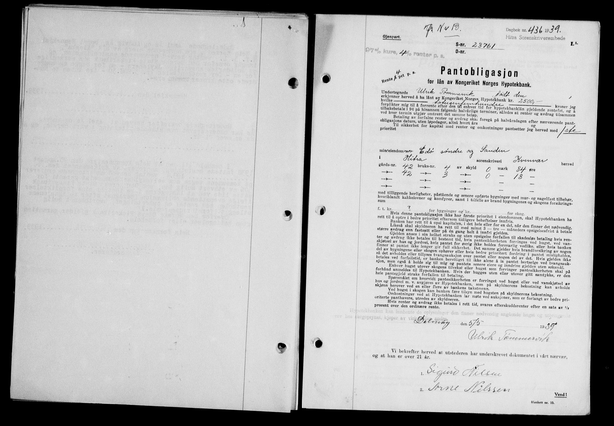 Hitra sorenskriveri, AV/SAT-A-0018/2/2C/2Ca/L0028: Mortgage book no. B-1, 1936-1939, Diary no: : 436/1939