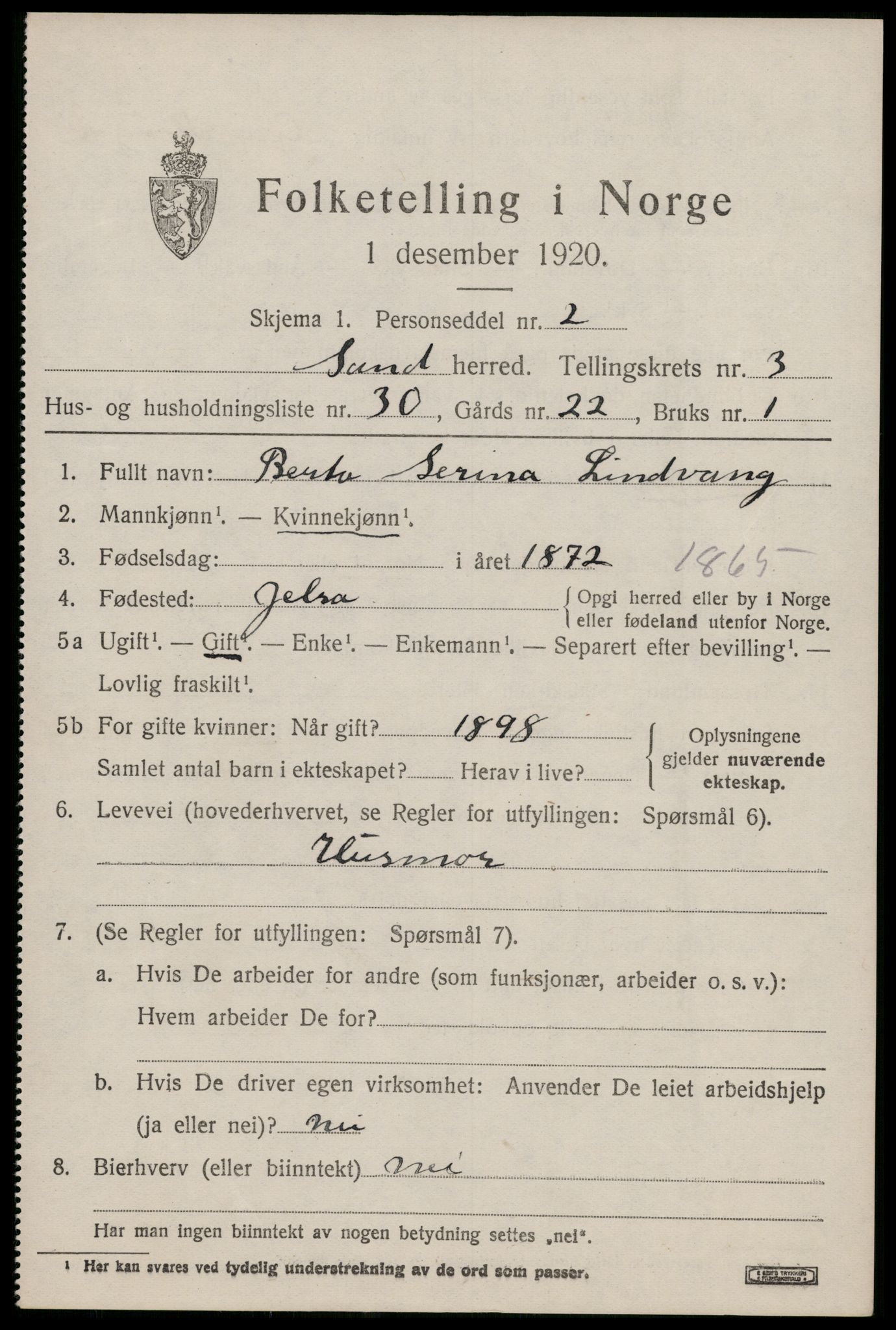 SAST, 1920 census for Sand, 1920, p. 1377