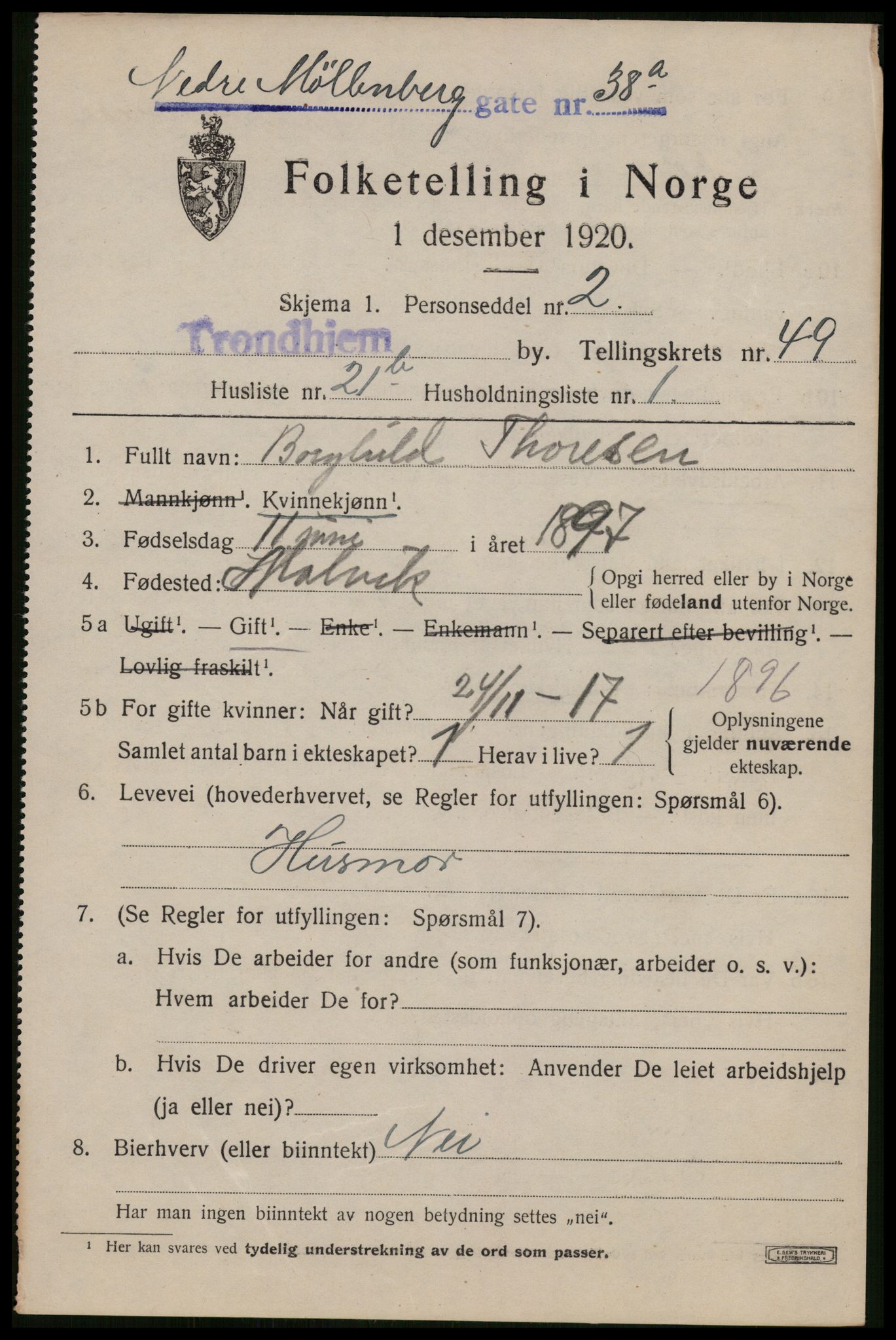 SAT, 1920 census for Trondheim, 1920, p. 103022