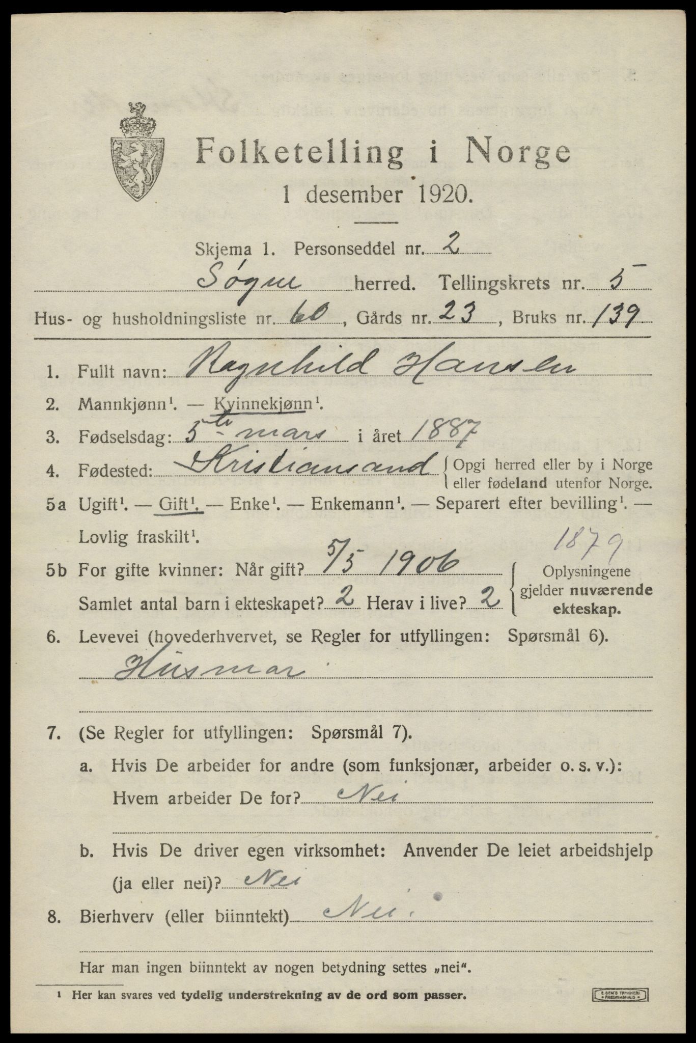 SAK, 1920 census for Søgne, 1920, p. 2769