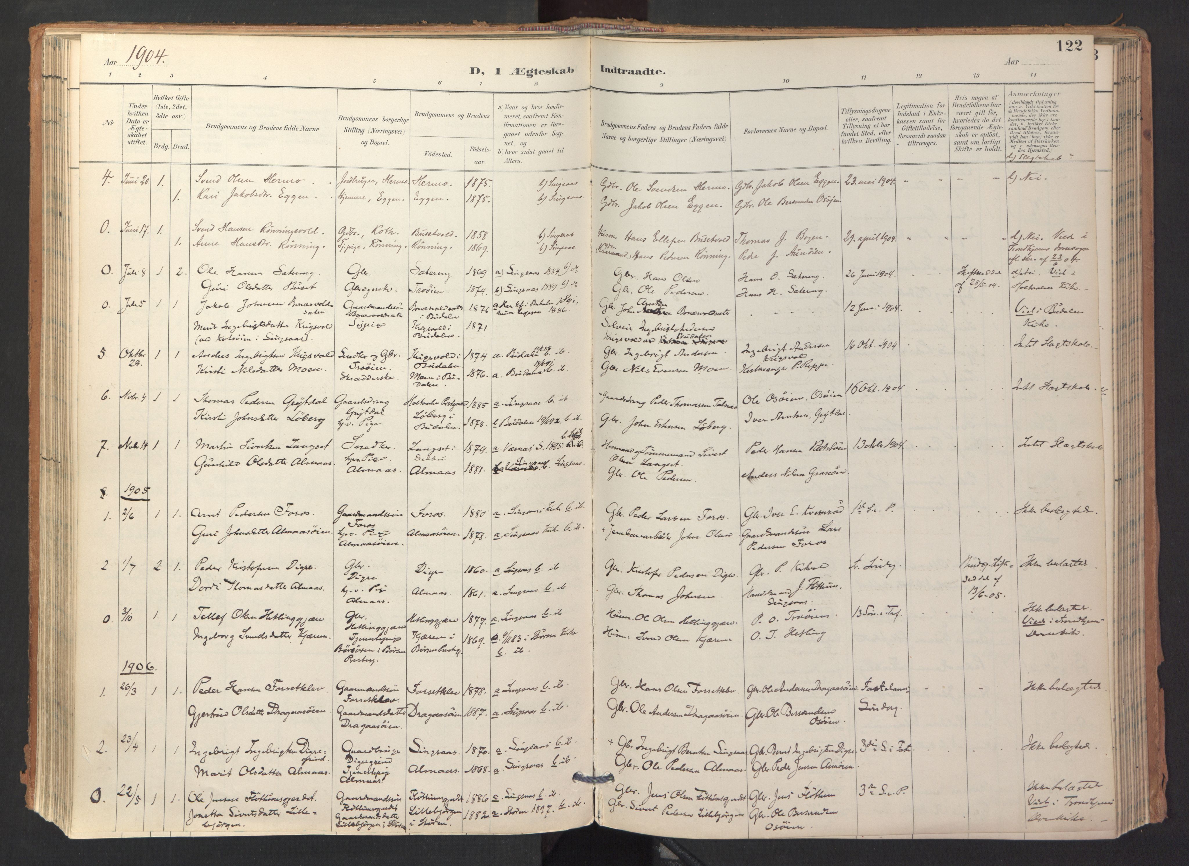 Ministerialprotokoller, klokkerbøker og fødselsregistre - Sør-Trøndelag, SAT/A-1456/688/L1025: Parish register (official) no. 688A02, 1891-1909, p. 122