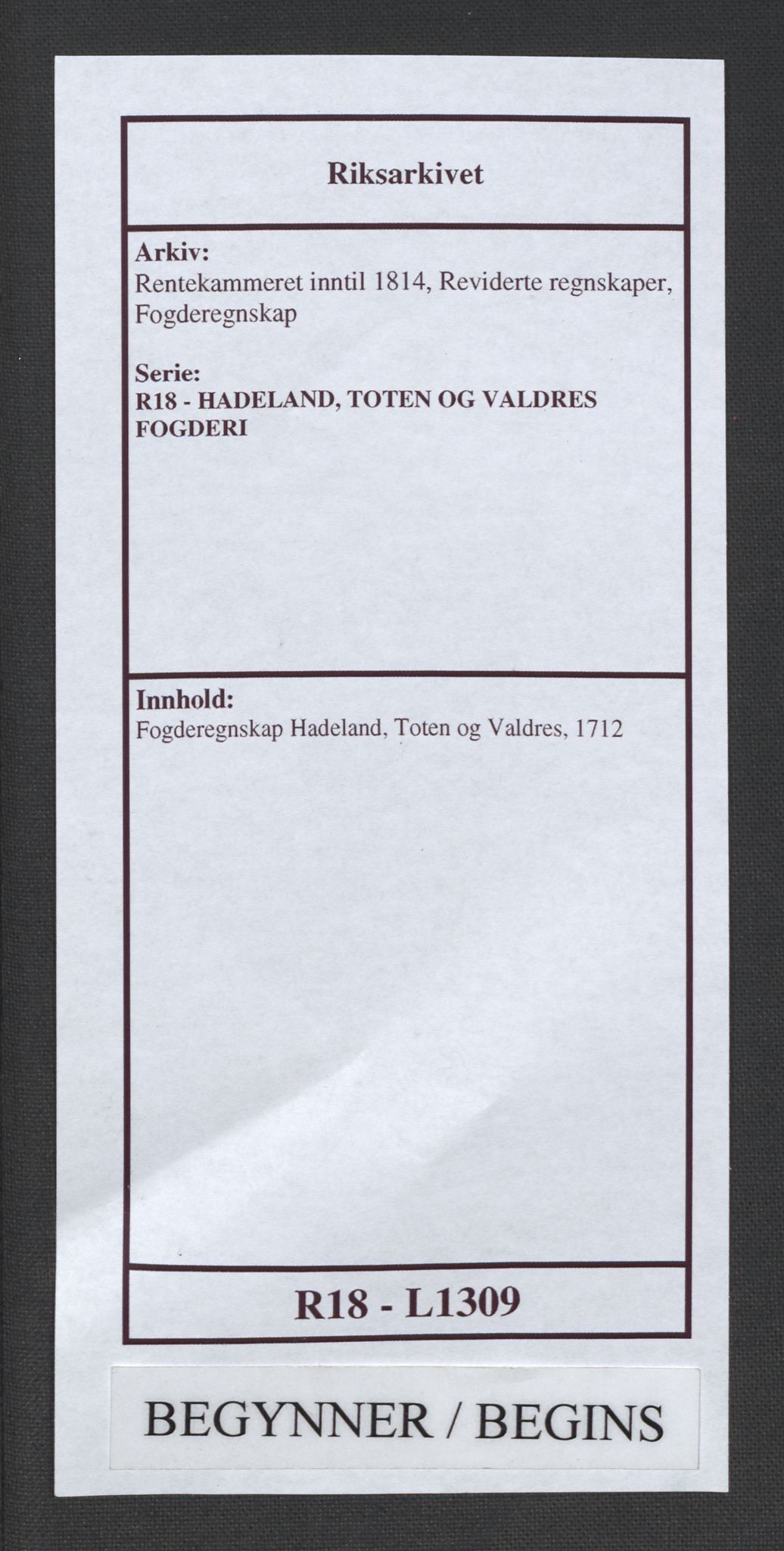 Rentekammeret inntil 1814, Reviderte regnskaper, Fogderegnskap, AV/RA-EA-4092/R18/L1309: Fogderegnskap Hadeland, Toten og Valdres, 1712, p. 1