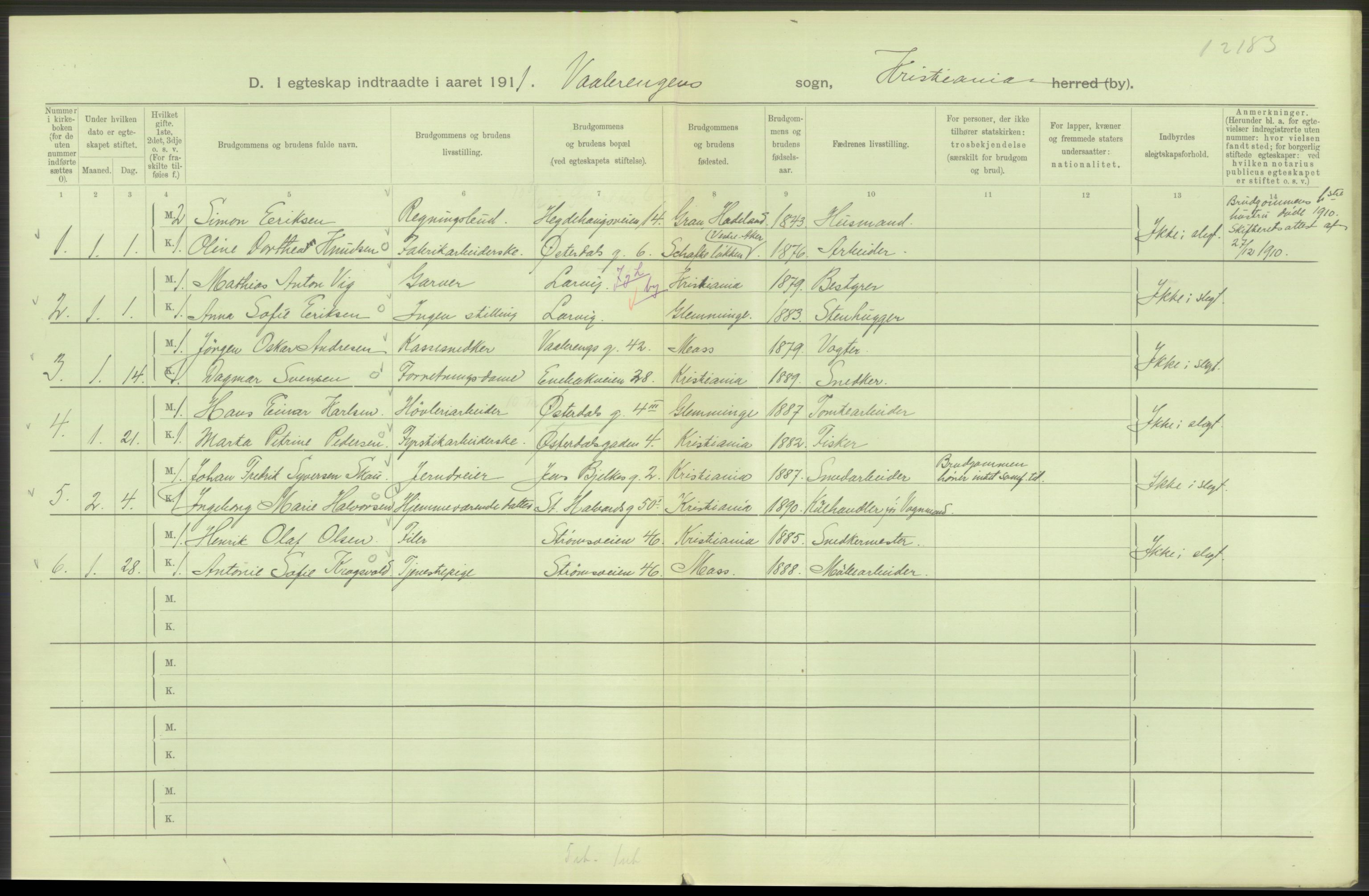 Statistisk sentralbyrå, Sosiodemografiske emner, Befolkning, AV/RA-S-2228/D/Df/Dfb/Dfba/L0008: Kristiania: Gifte, 1911, p. 258