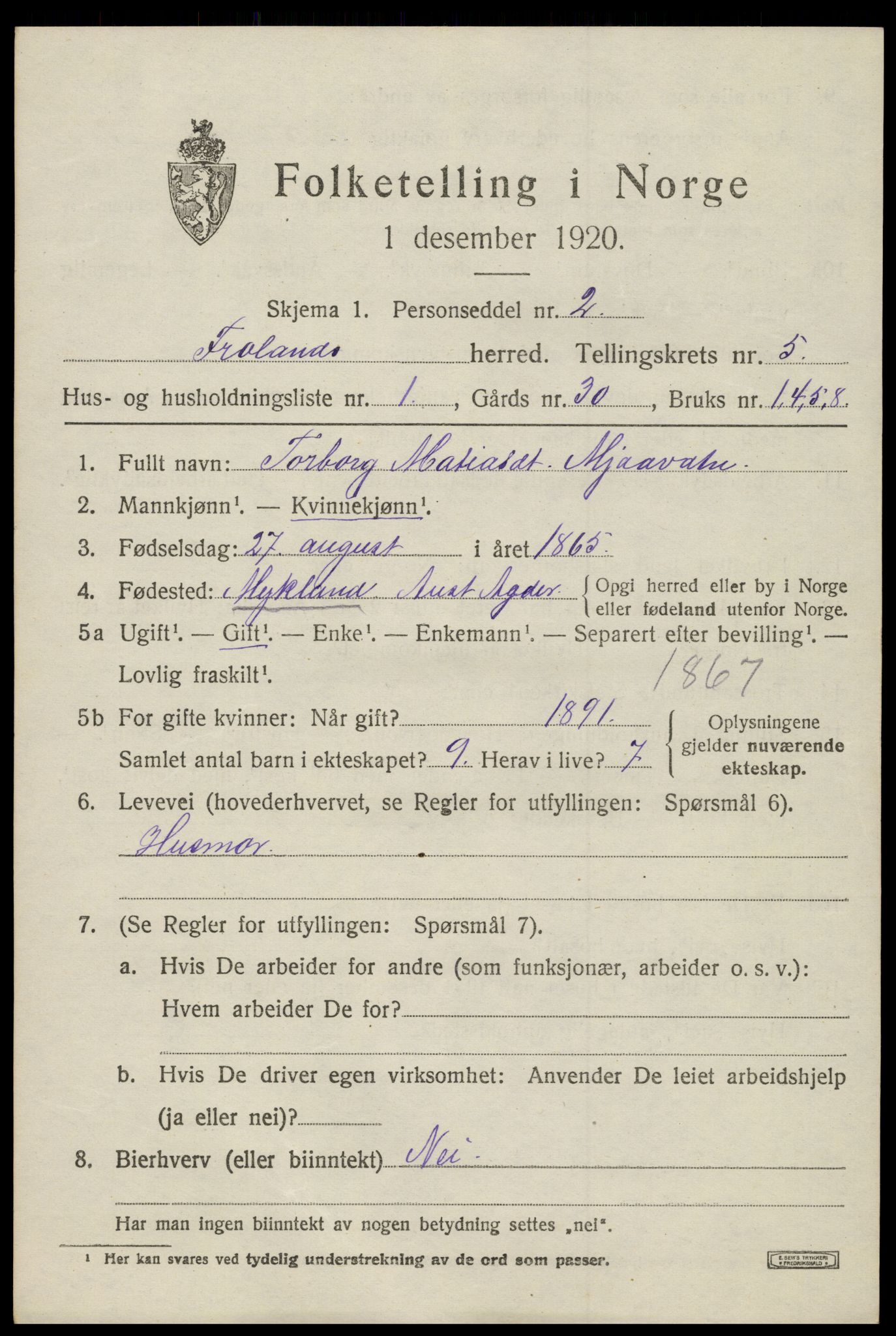 SAK, 1920 census for Froland, 1920, p. 3627