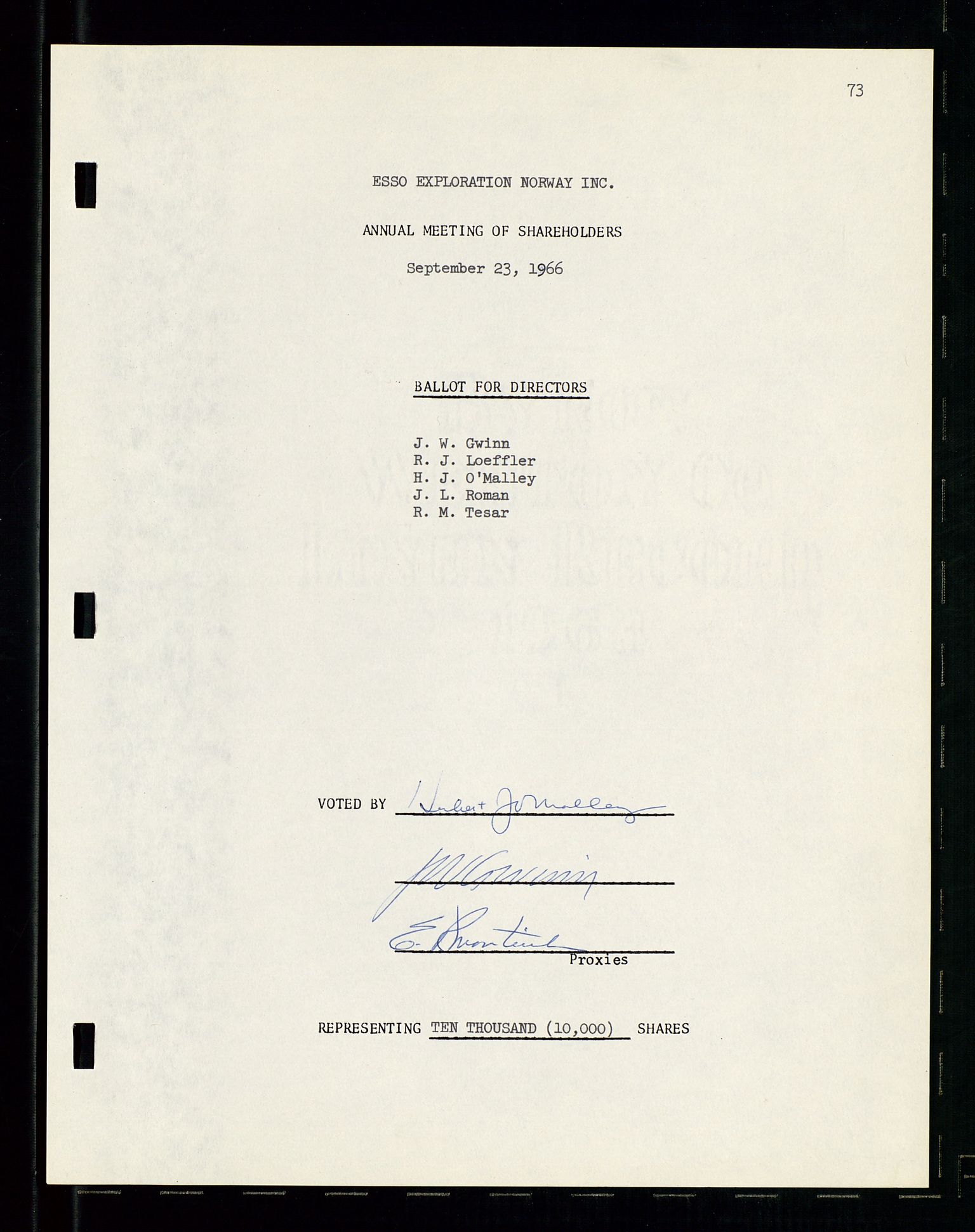 Pa 1512 - Esso Exploration and Production Norway Inc., SAST/A-101917/A/Aa/L0001/0001: Styredokumenter / Corporate records, By-Laws, Board meeting minutes, Incorporations, 1965-1975, p. 73