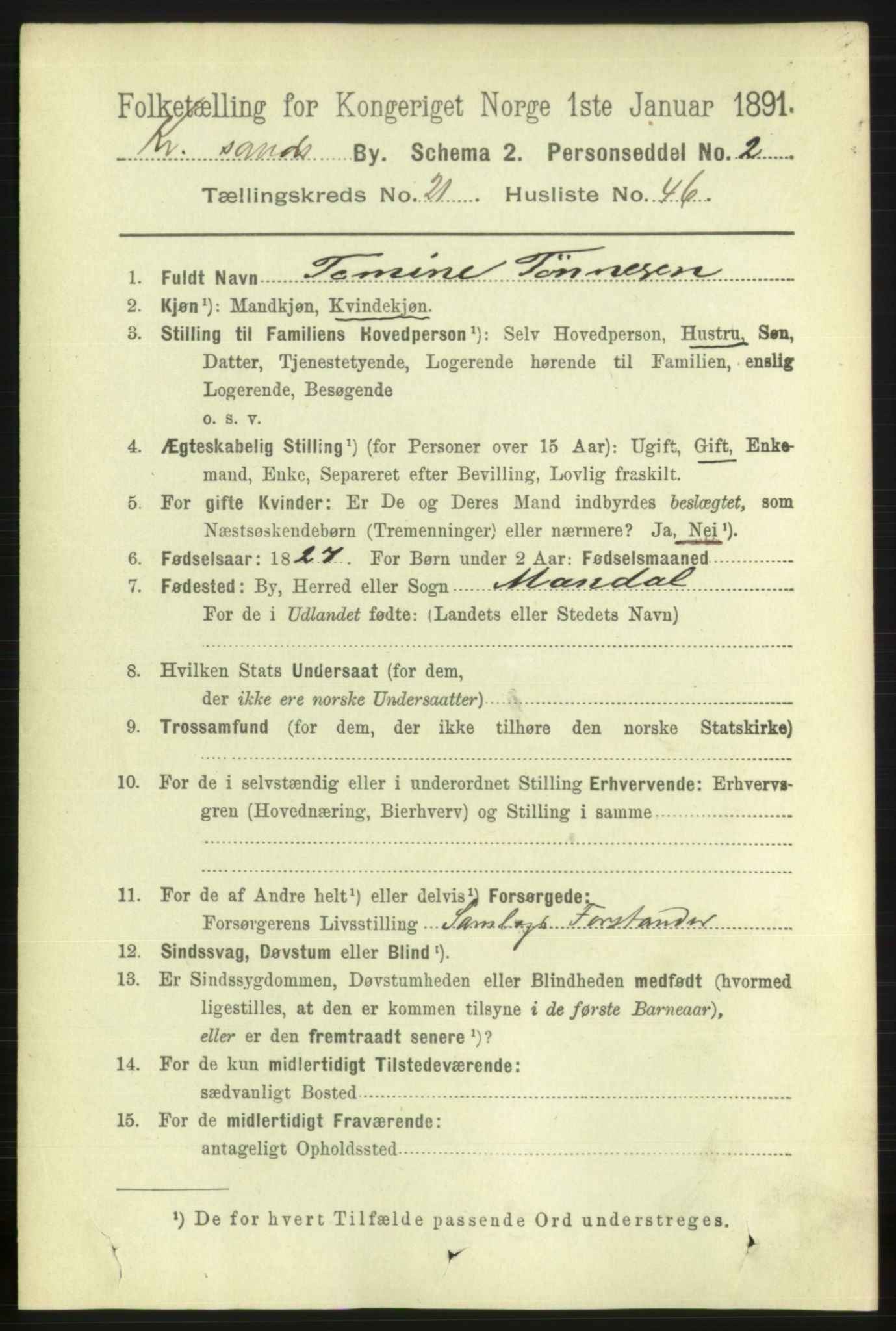 RA, 1891 census for 1001 Kristiansand, 1891, p. 8262