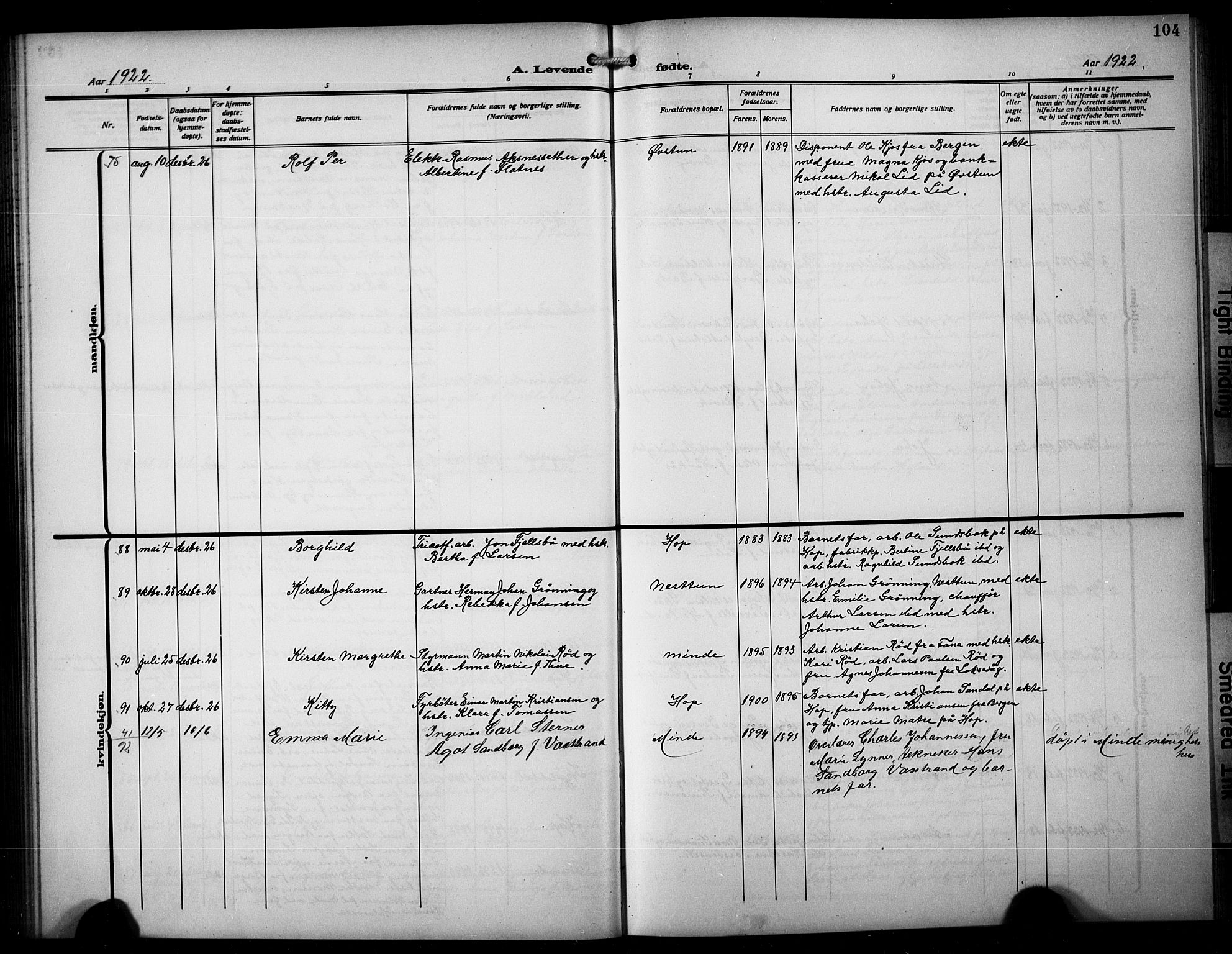 Birkeland Sokneprestembete, AV/SAB-A-74601/H/Hab: Parish register (copy) no. A 7, 1916-1923, p. 104