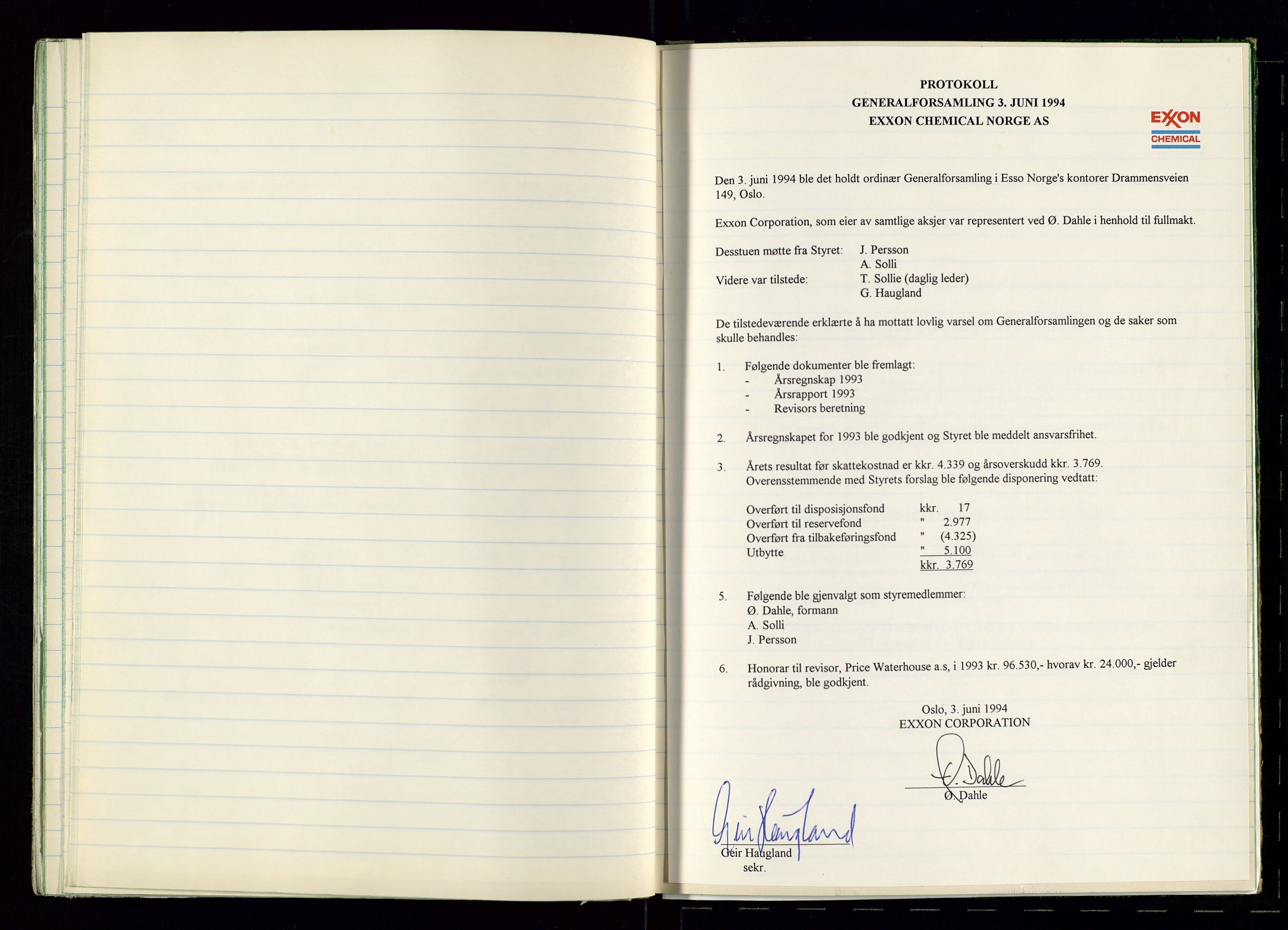 PA 1538 - Exxon Chemical Norge A/S, SAST/A-101958/A/Aa/L0001/0002: Generalforsamlinger og styreprotokoller / Protokoll for generalforsamlinger, 1966-1996