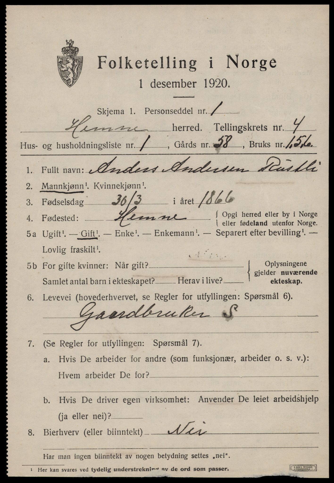 SAT, 1920 census for Hemne, 1920, p. 2850