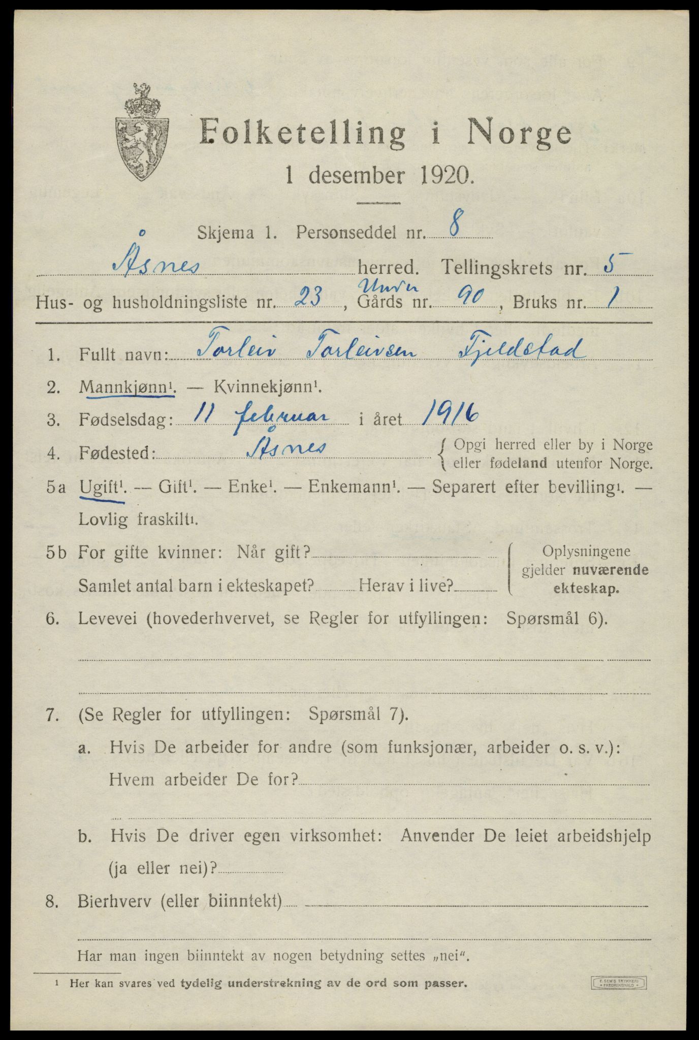 SAH, 1920 census for Åsnes, 1920, p. 6928