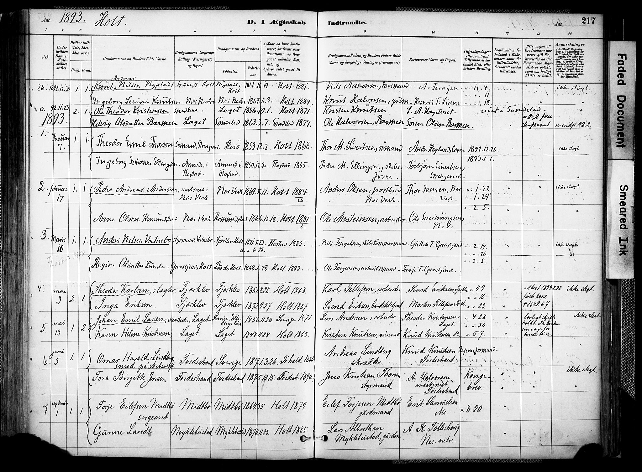 Holt sokneprestkontor, AV/SAK-1111-0021/F/Fa/L0012: Parish register (official) no. A 12, 1885-1907, p. 217