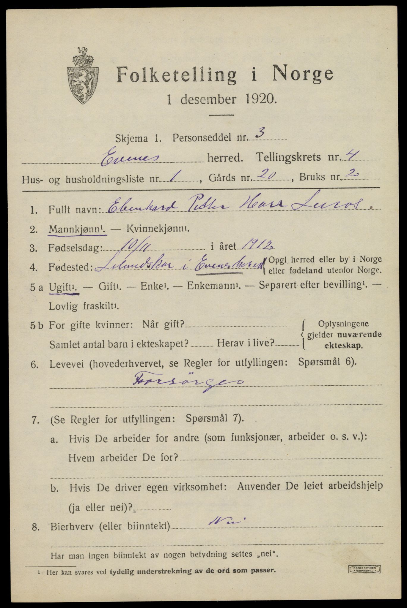 SAT, 1920 census for Evenes, 1920, p. 3594